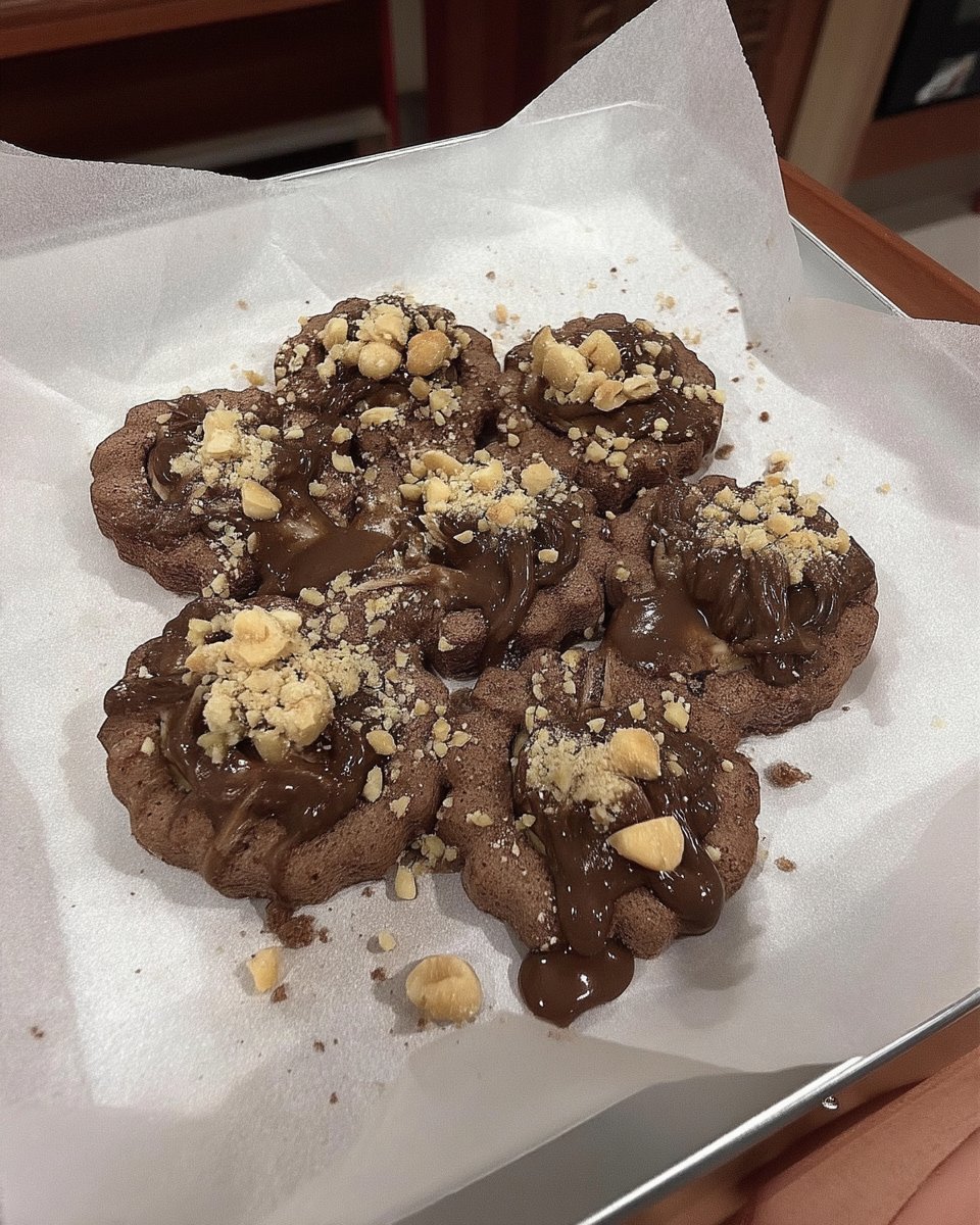 Chocolate hazelnut linzer cookies served on a white platter for tea time.