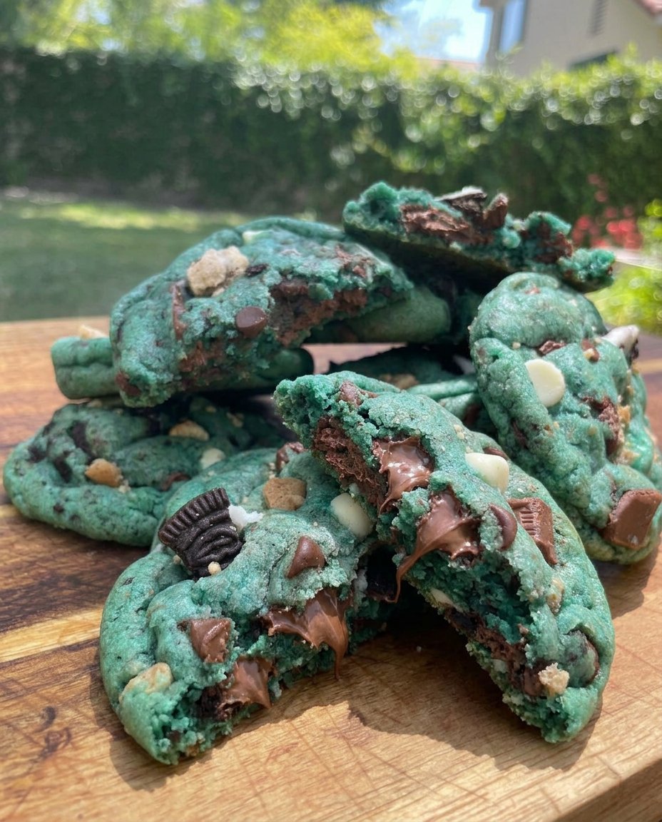 Stacked cookie monster cookies next to a glass of milk