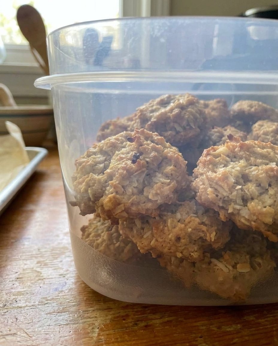 A stack of oatmeal coconut cookies served with a glass of milk