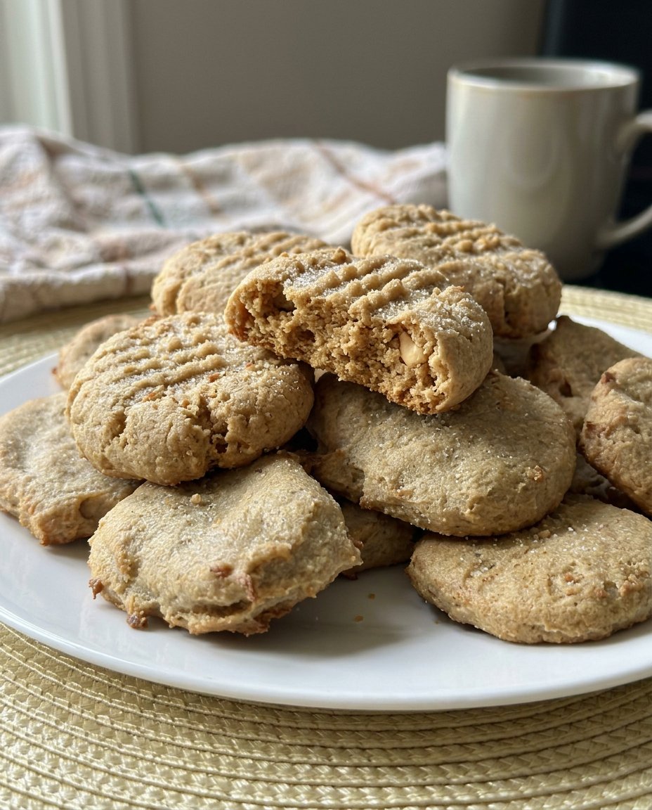 A plate of soft peanut butter cookies served with a glass of milk