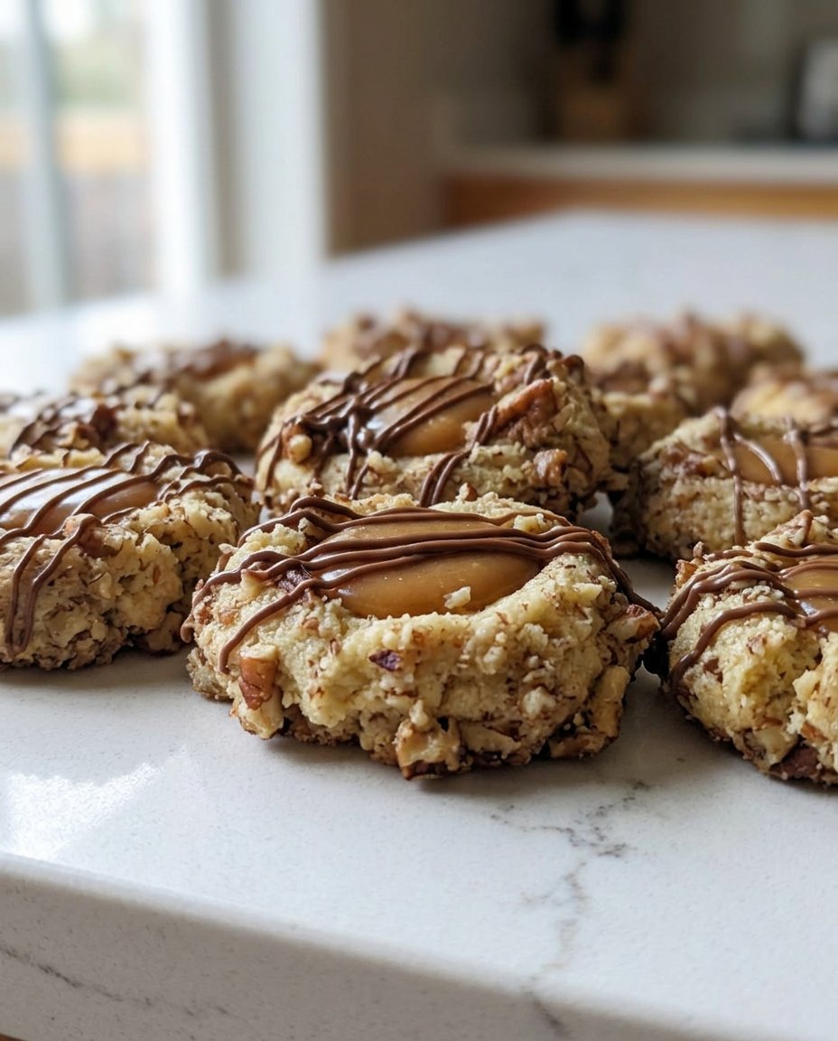 Pecan pie thumbprint cookies served with a cup of coffee