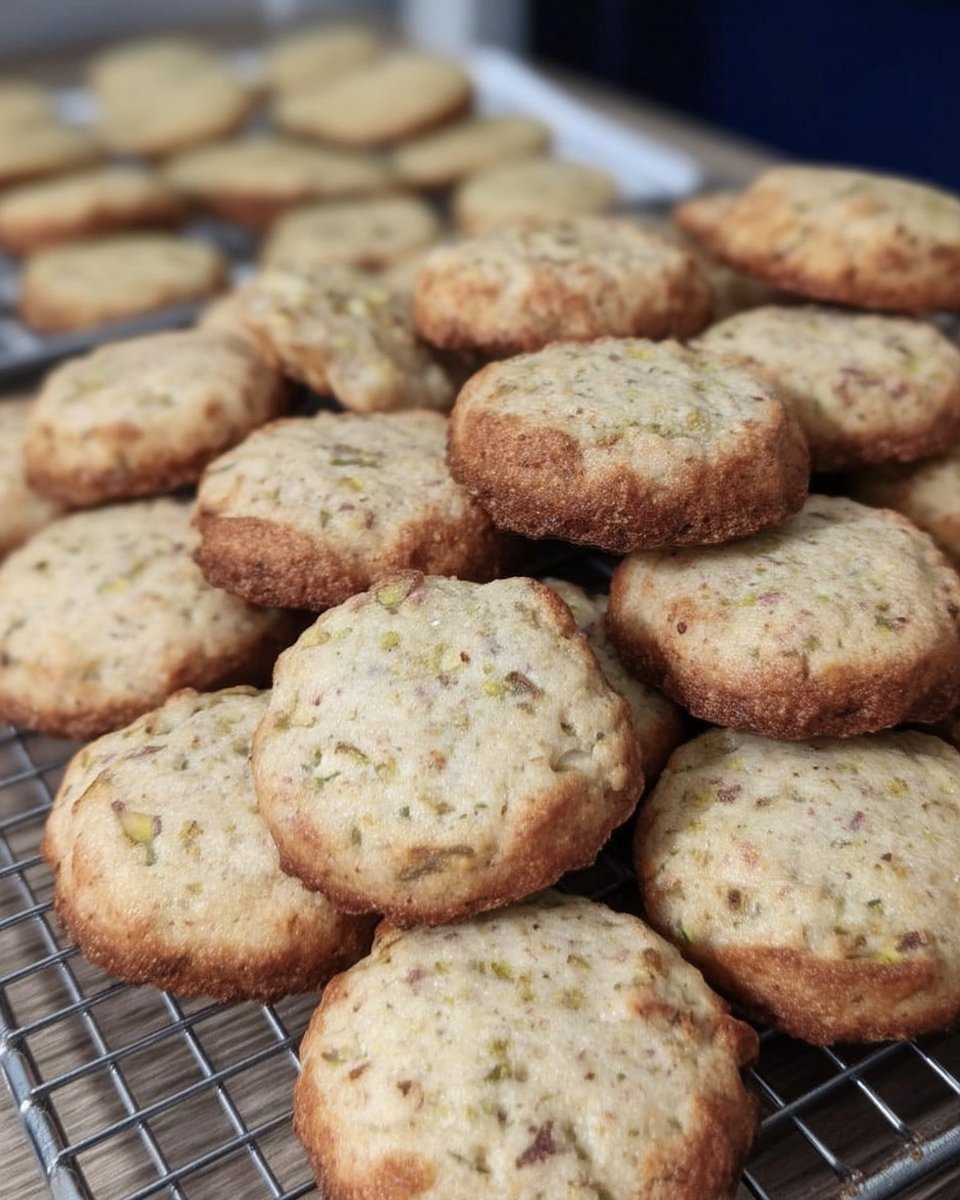 Cardamom pistachio cookies served next to a cup of hot coffee.