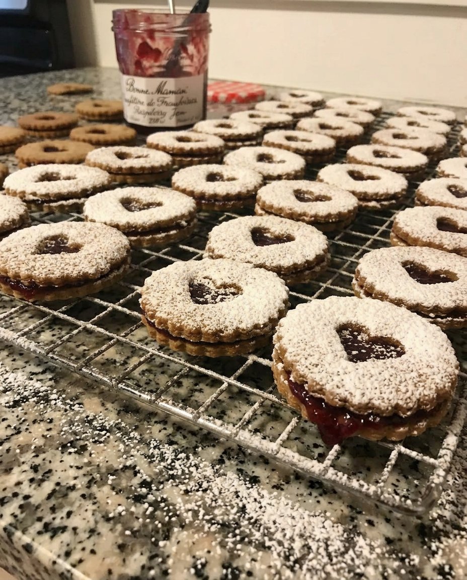 Raspberry linzer cookies served on a plate with a cup of tea.