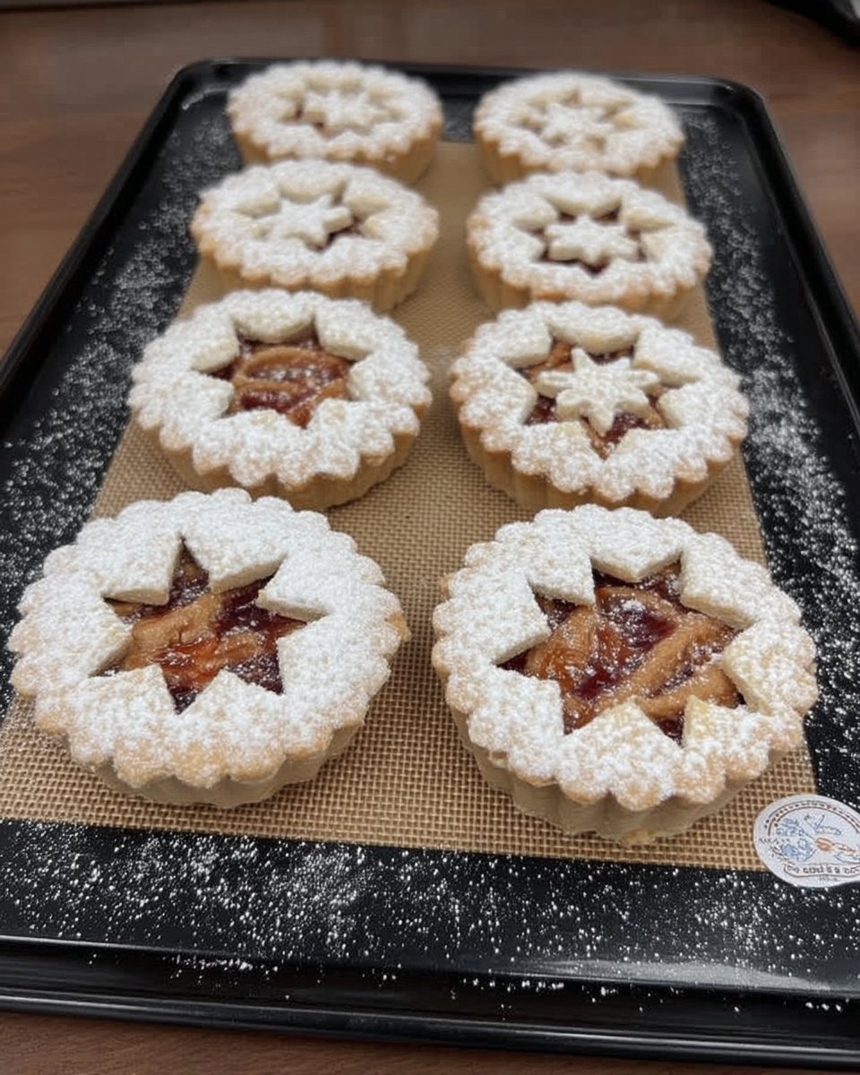 Linzer cookies served on a white plate next to a cup of tea