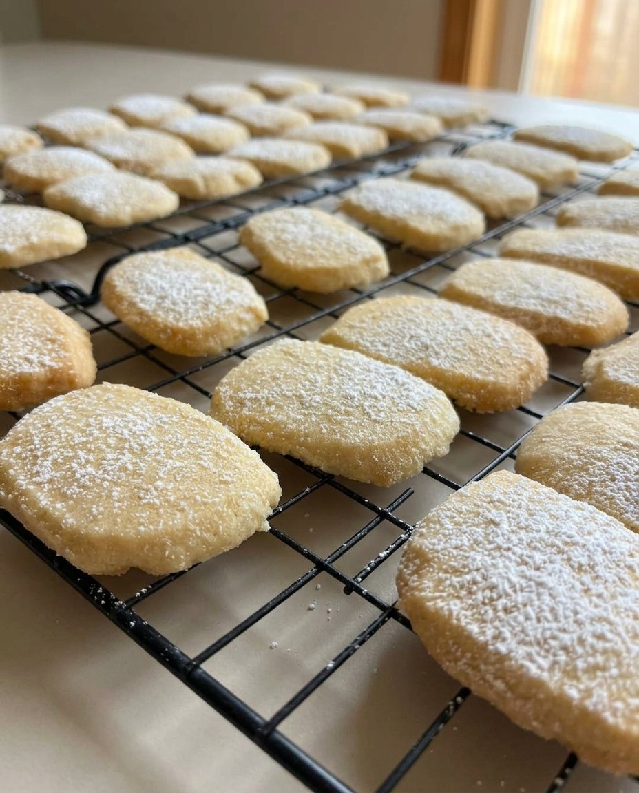 Shortbread wedges served on a ceramic plate next to a cup of coffee.