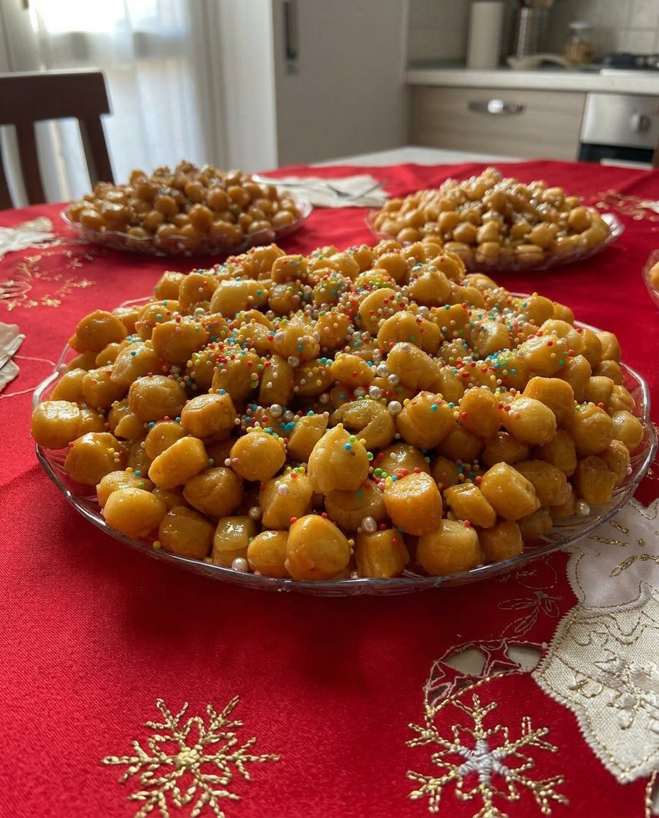 Struffoli served on a platter with festive decorations