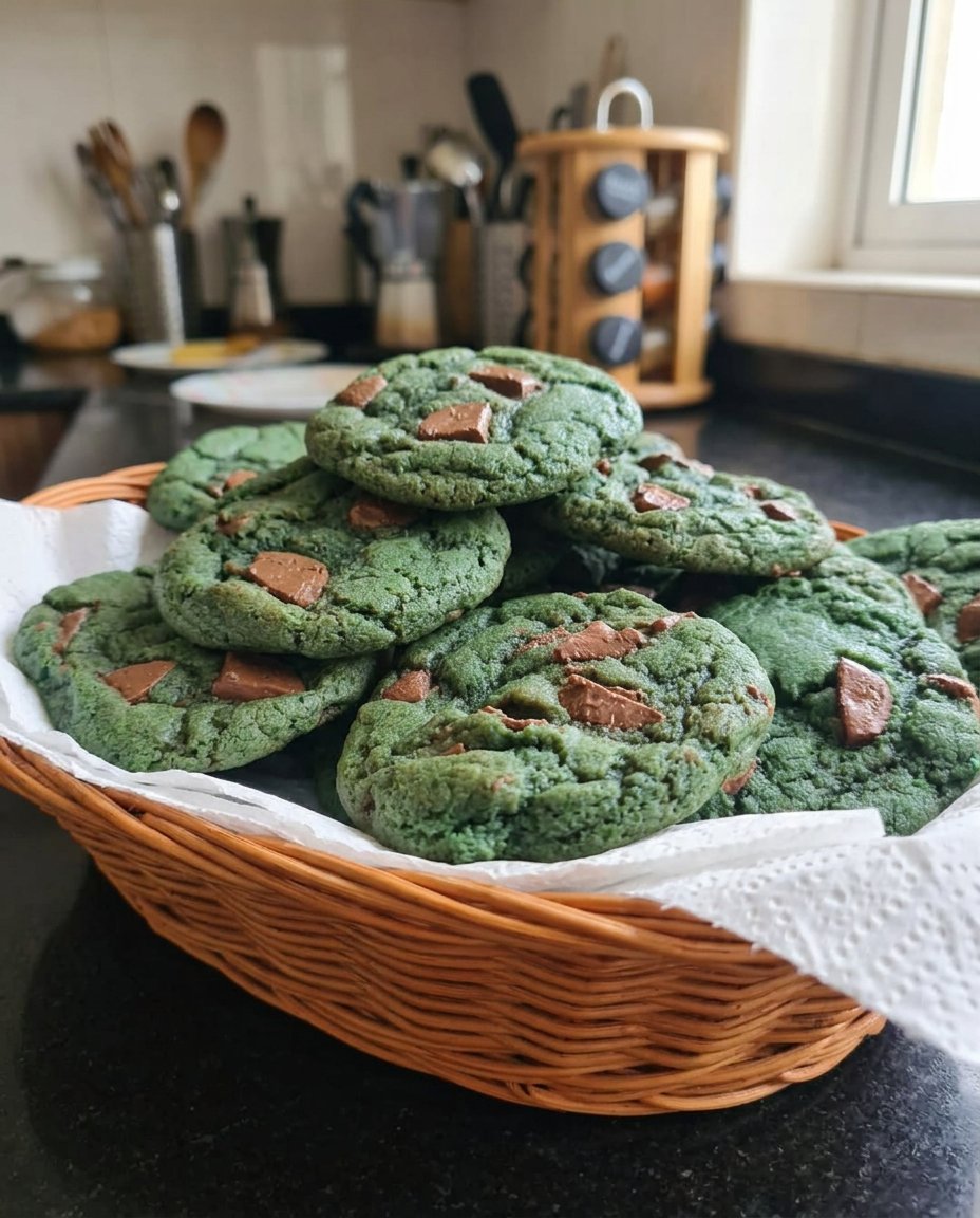Stacked blue character cookies on a cooling rack with milk