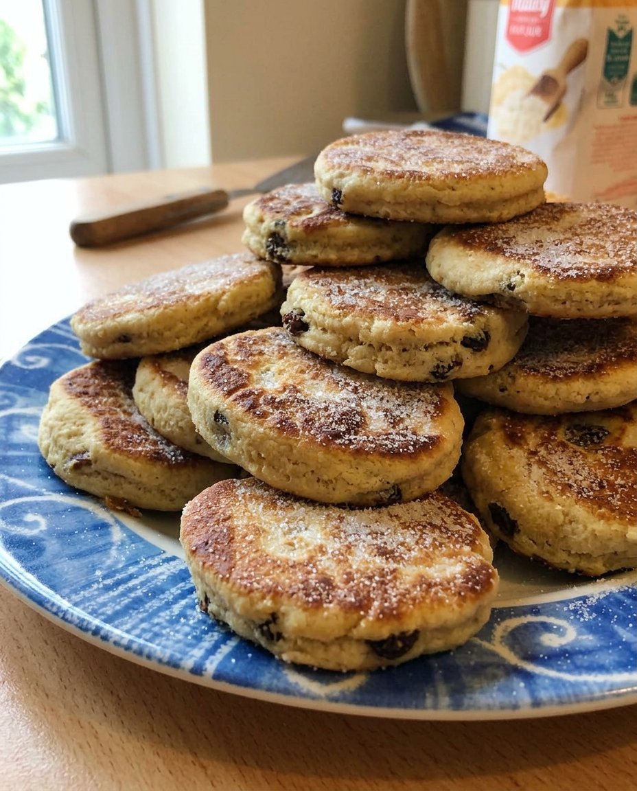 Welsh cakes served on a plate with a cup of tea