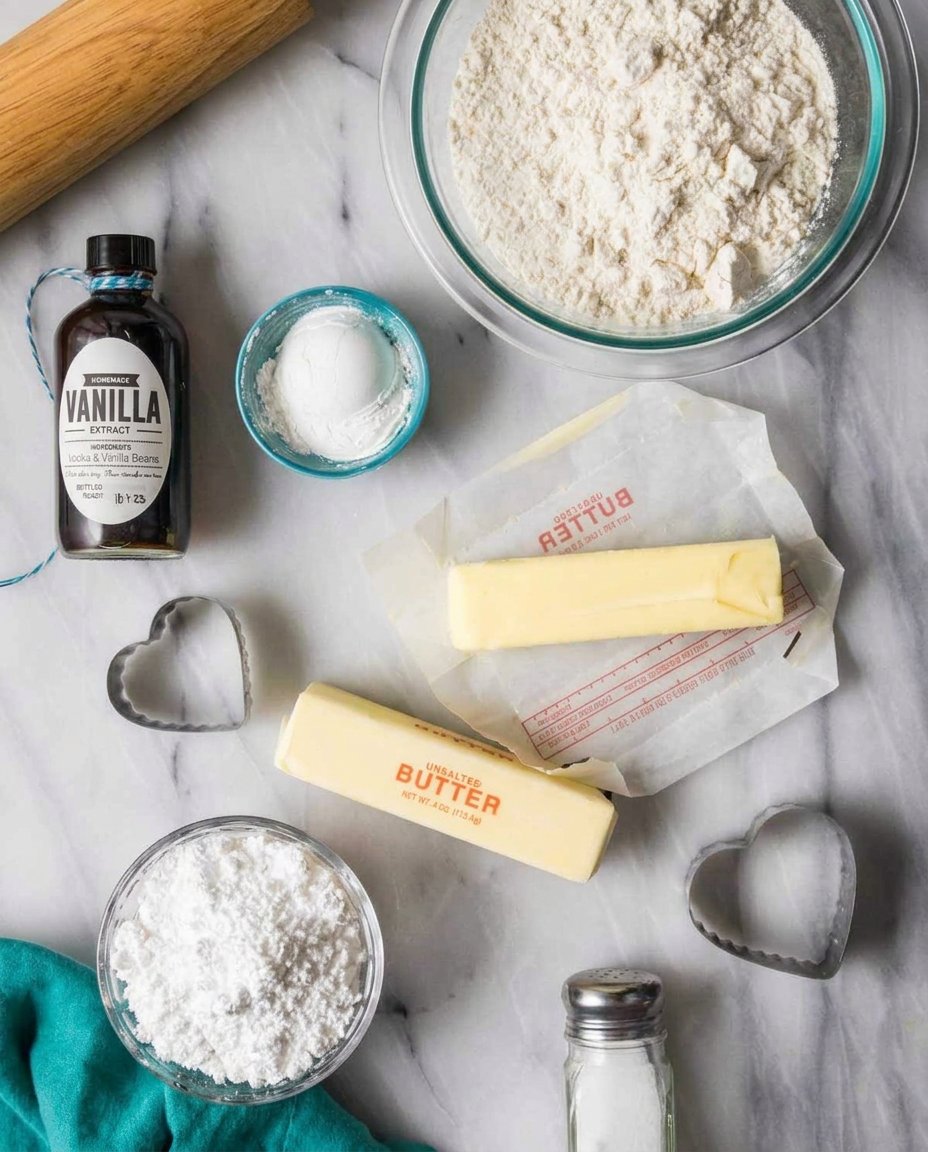 Ingredients for shortbread cookies including butter, powdered sugar, and cornstarch.