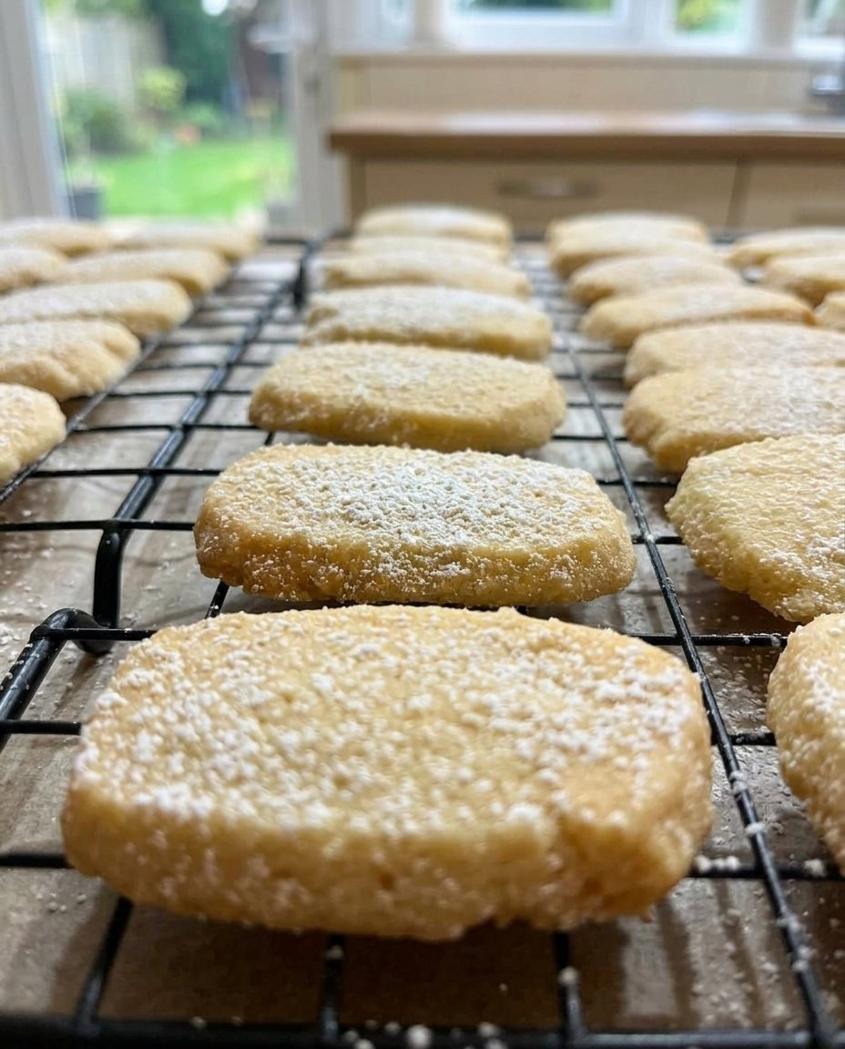 Classic shortbread wedges showing a crumbly texture and golden edges.