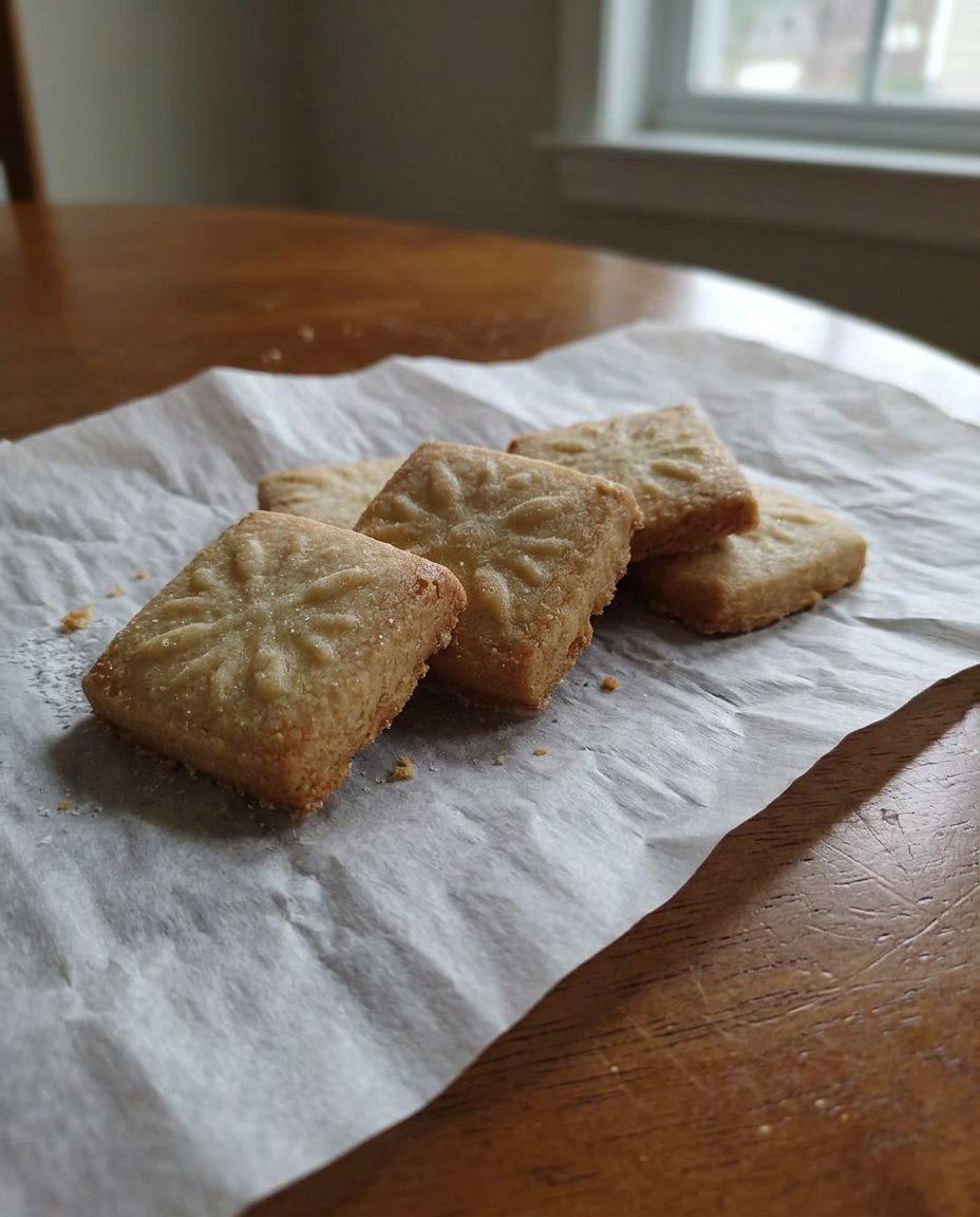 Traditional shortbread cookies sliced into rectangles on a baking sheet