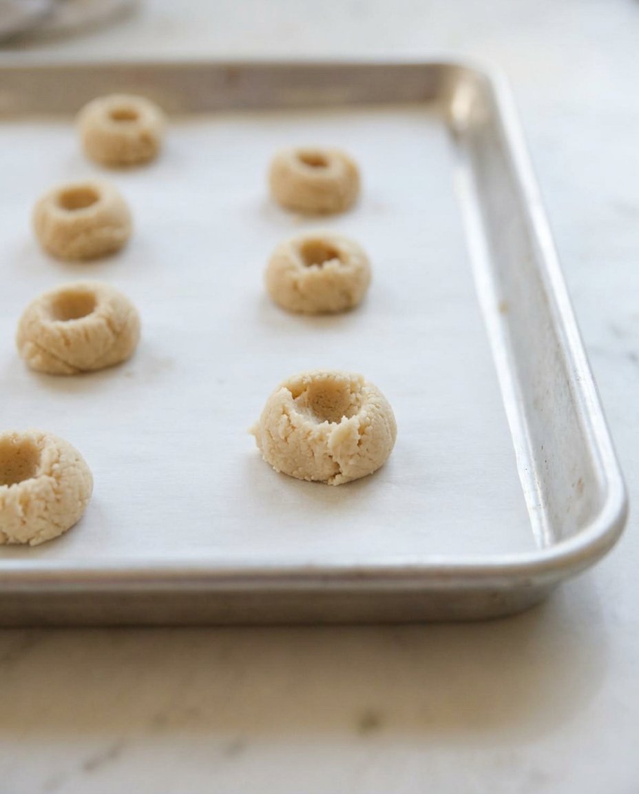 Ingredients for Raspberry Thumbprint cookies including butter, sugar, and almond extract on a marble surface.