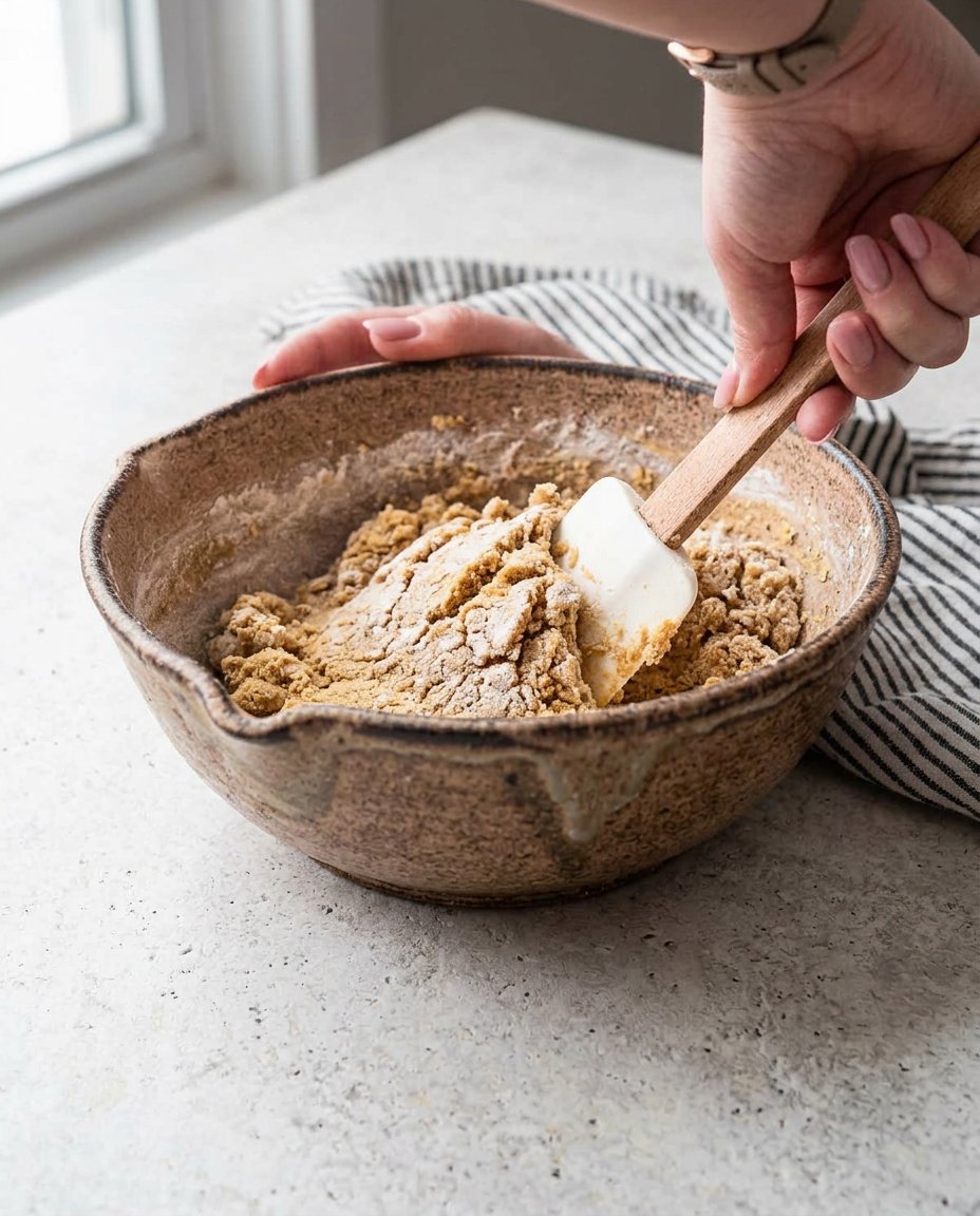 A person pressing their thumb into a ball of cookie dough to create an indentation