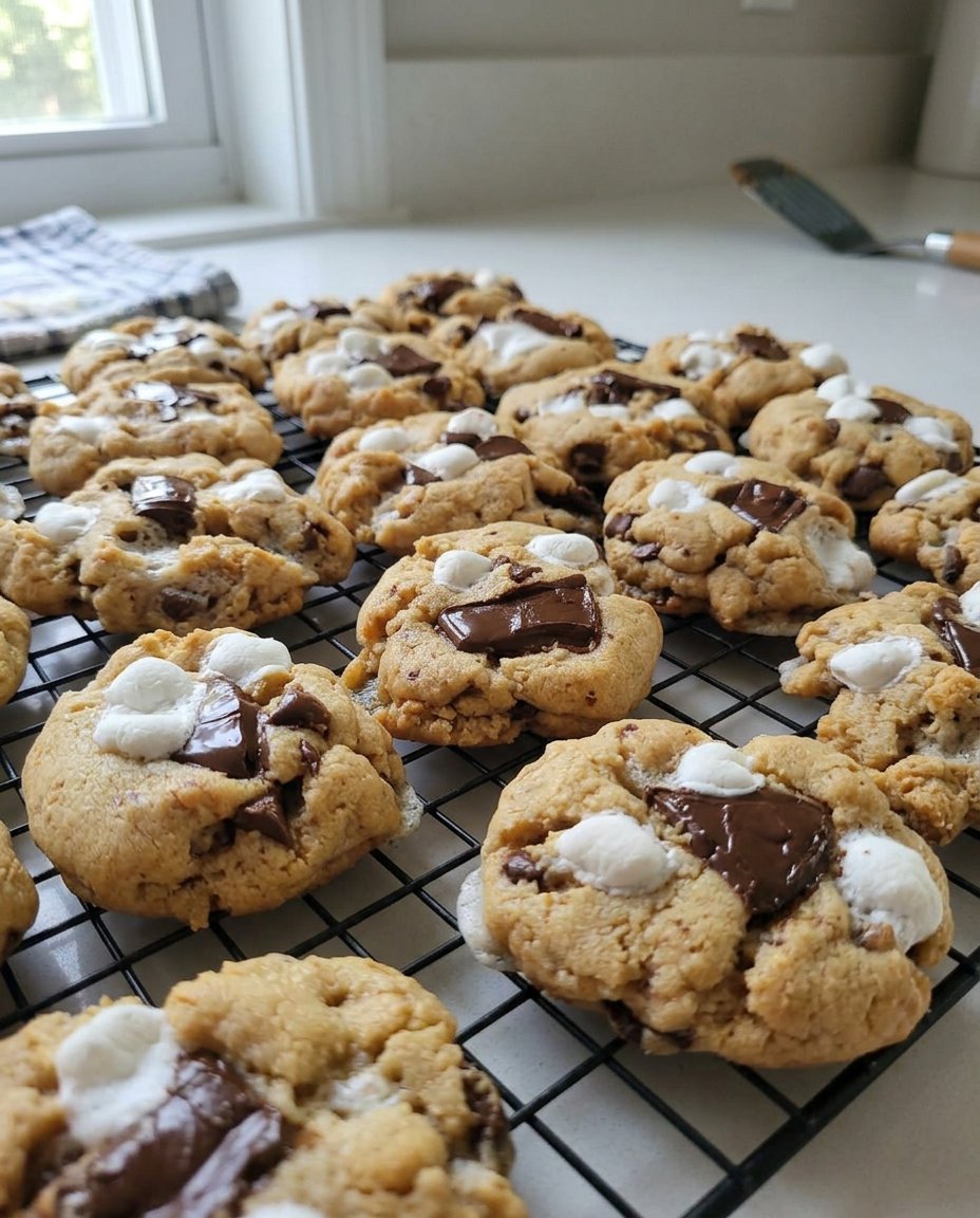 A stack of golden brown Smore Cookies 2 with graham cracker crumbs and chocolate chips on top.