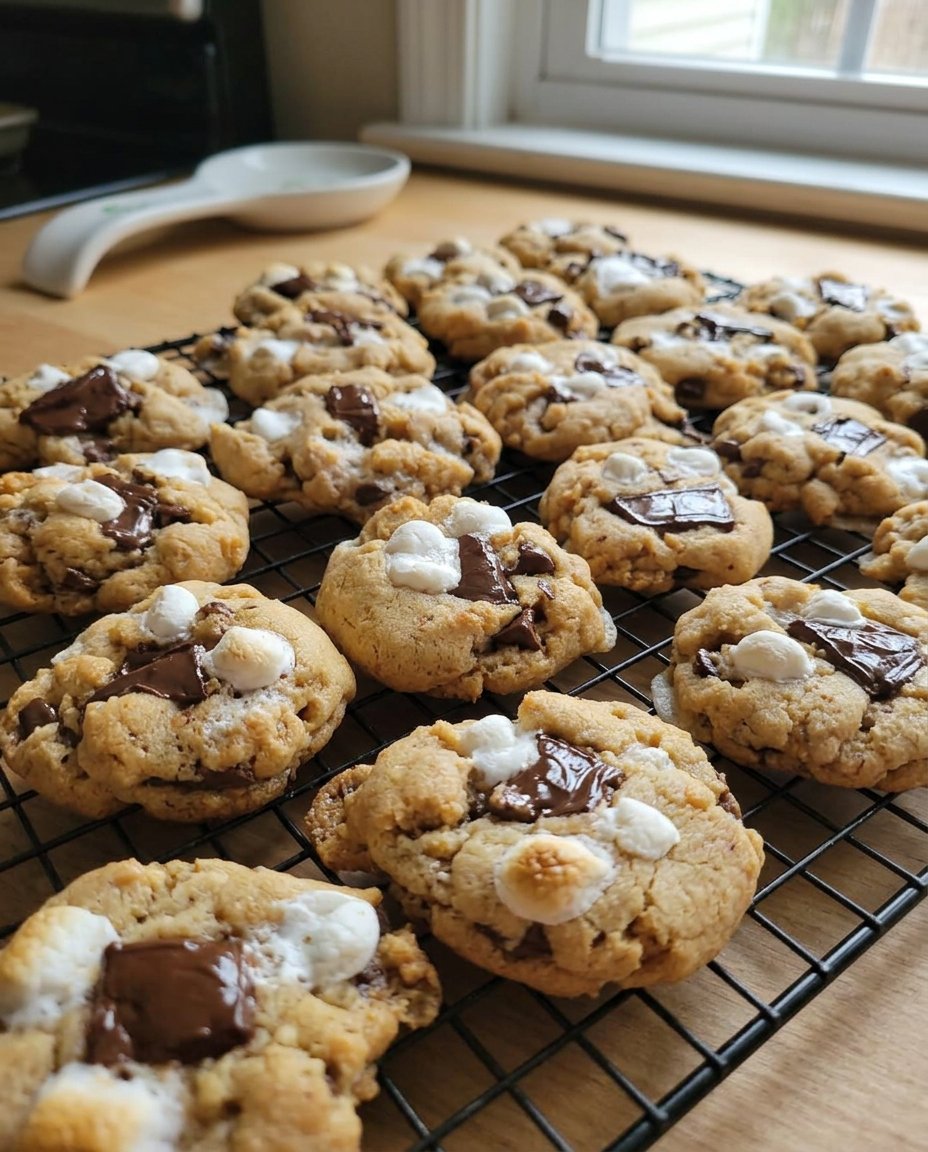 Smore Cookies 2 split open to show a molten marshmallow center and chocolate chips.