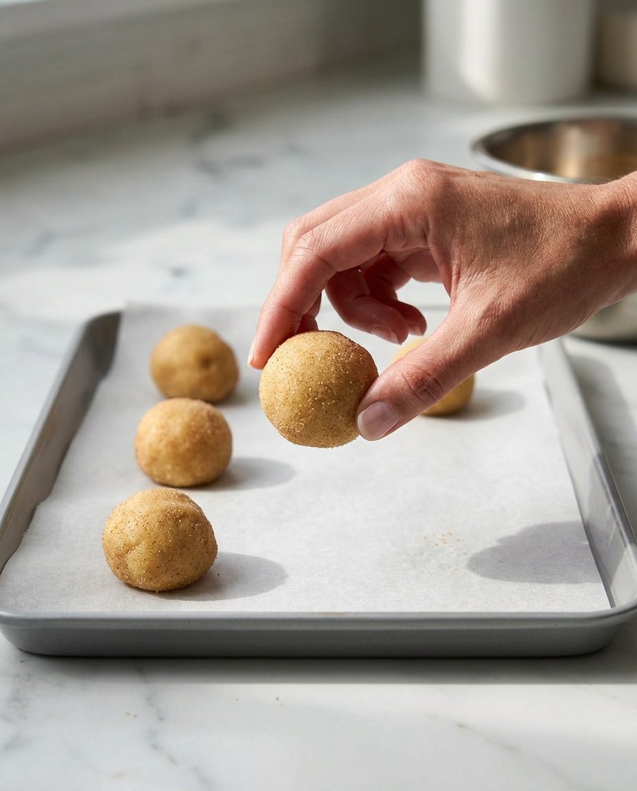 Close up of snickerdoodle dough being rolled in cinnamon sugar