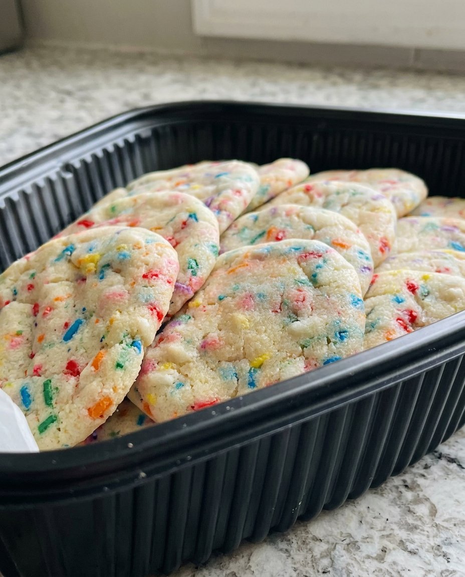A close up view of a soft sugar cookie broken in half to show the tender crumb