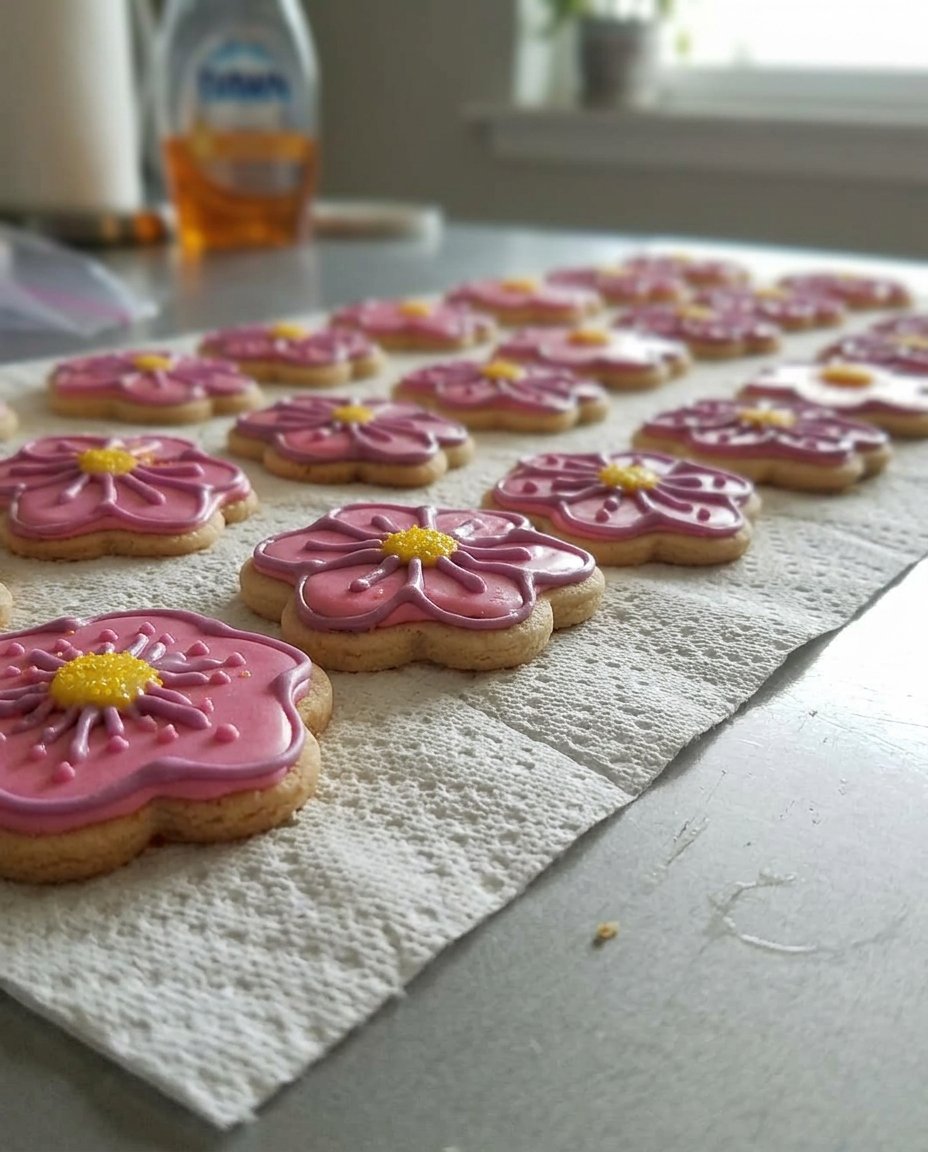 Spring flower cookies served on a decorative plate with a cup of tea.