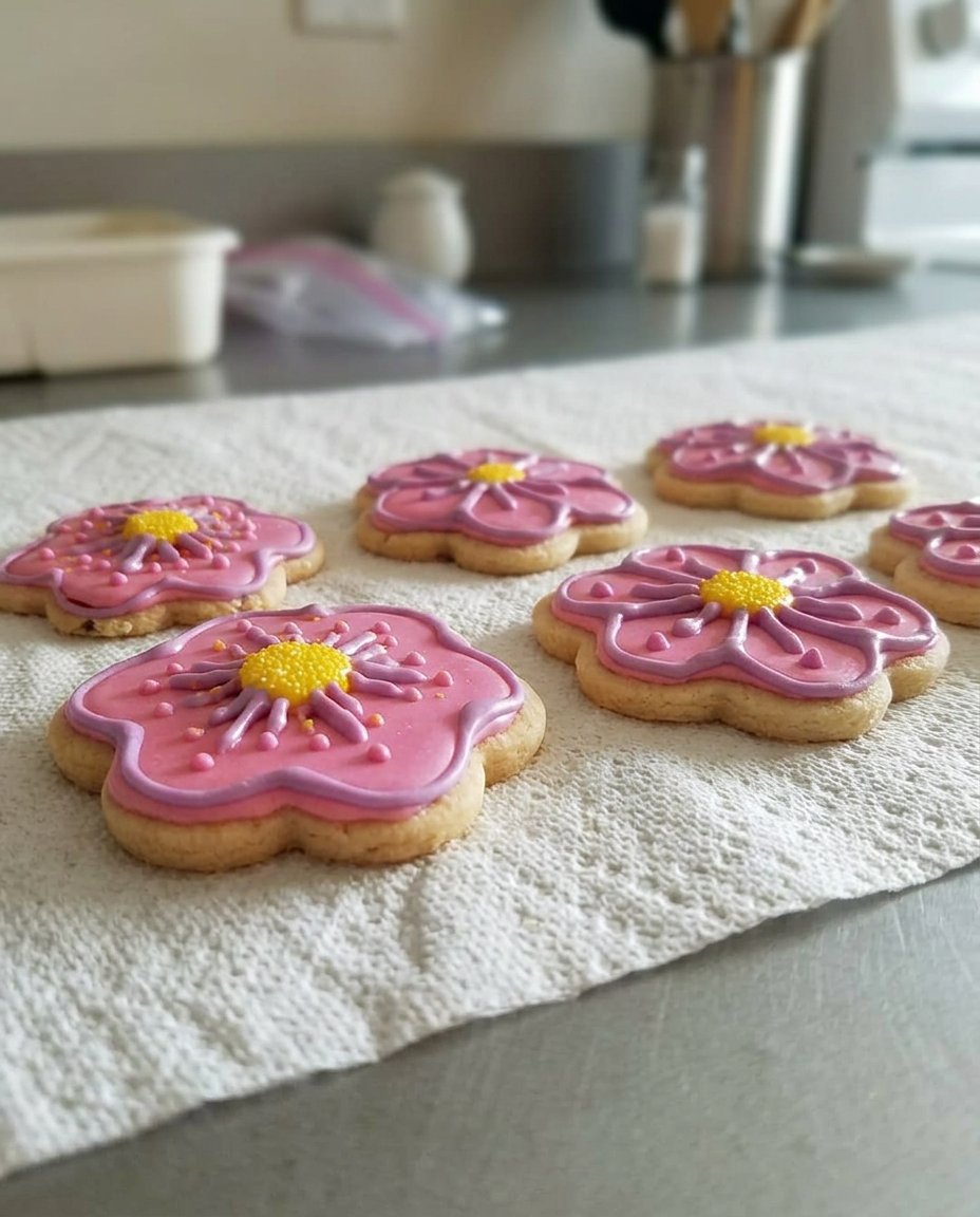 A tray of Spring Flower Cookies showing the traditional spritz technique and Cadbury Mini Egg centers.