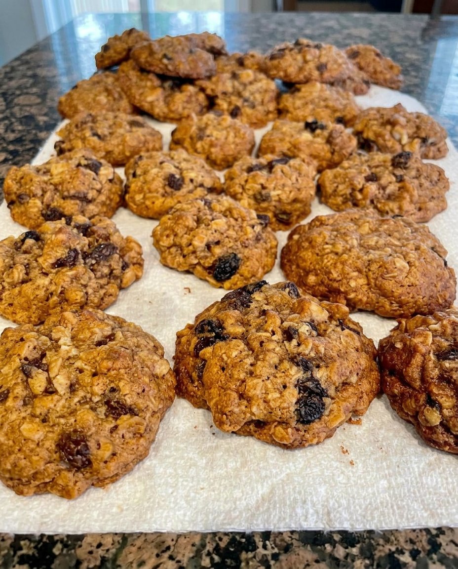 A stack of finished oatmeal raisin walnut cookies