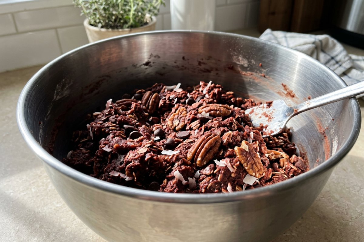 A stack of baked red velvet cookies on a cooling rack.