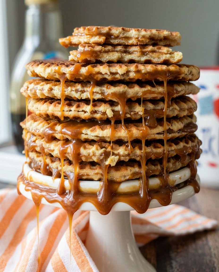Homemade stroopwafel cookies showing the caramel filling pull