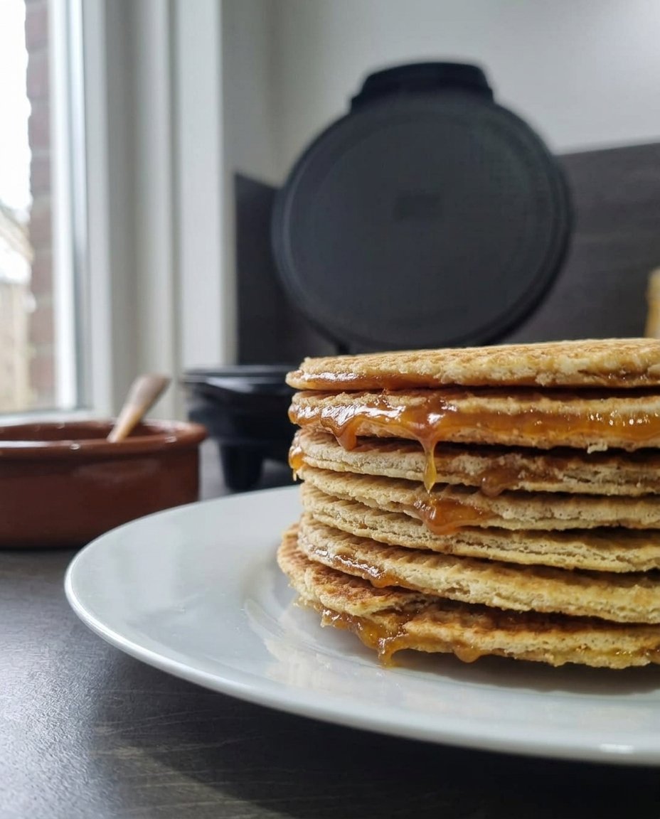 Authentic Dutch stroopwafel cookies showing the thin layers and caramel filling