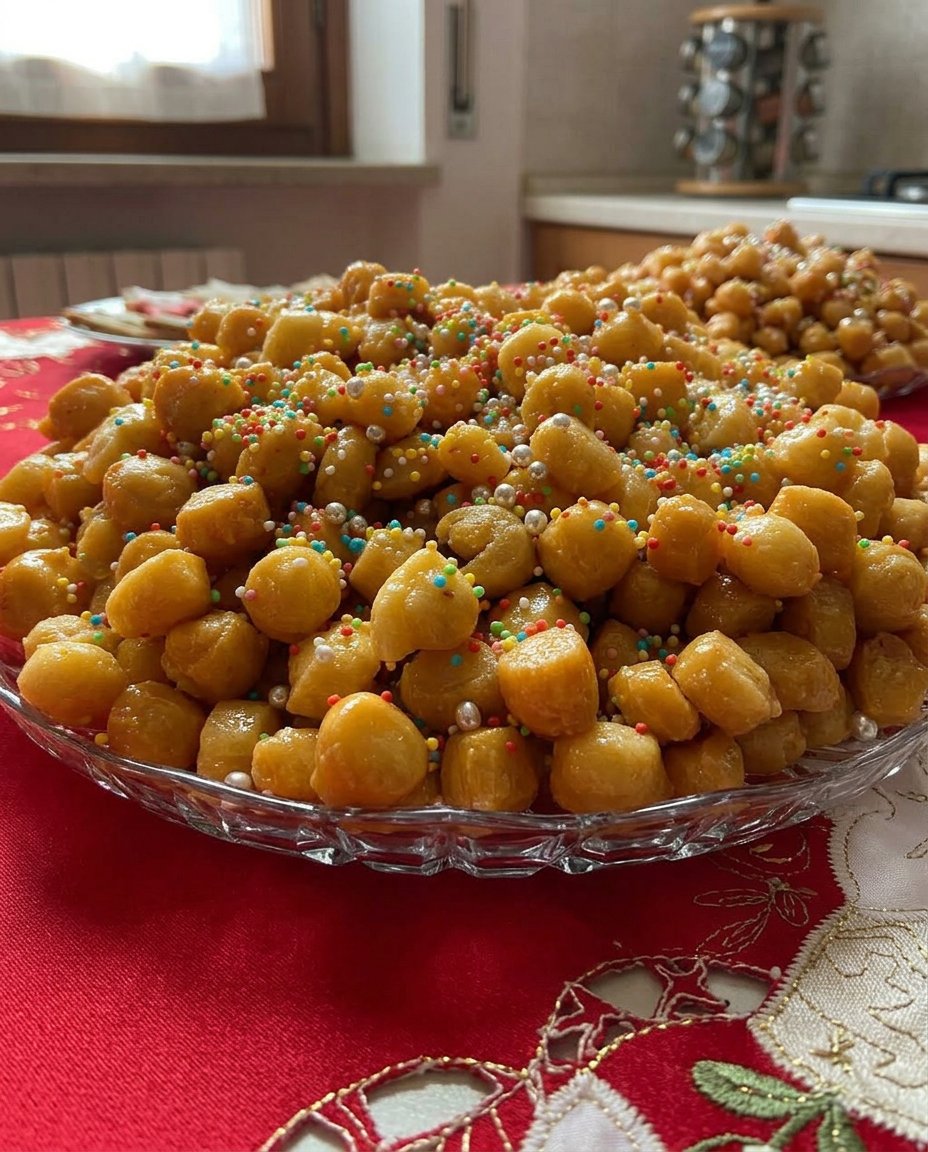 Golden fried struffoli honey balls with orange zest and sprinkles