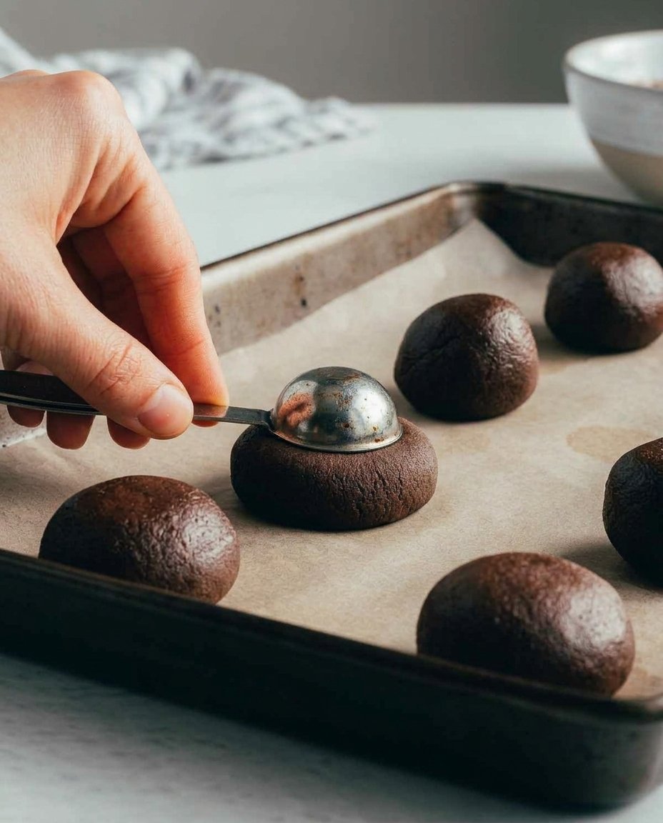 Hand stuffing a ball of cookie dough with a spoonful of creamy peanut butter.