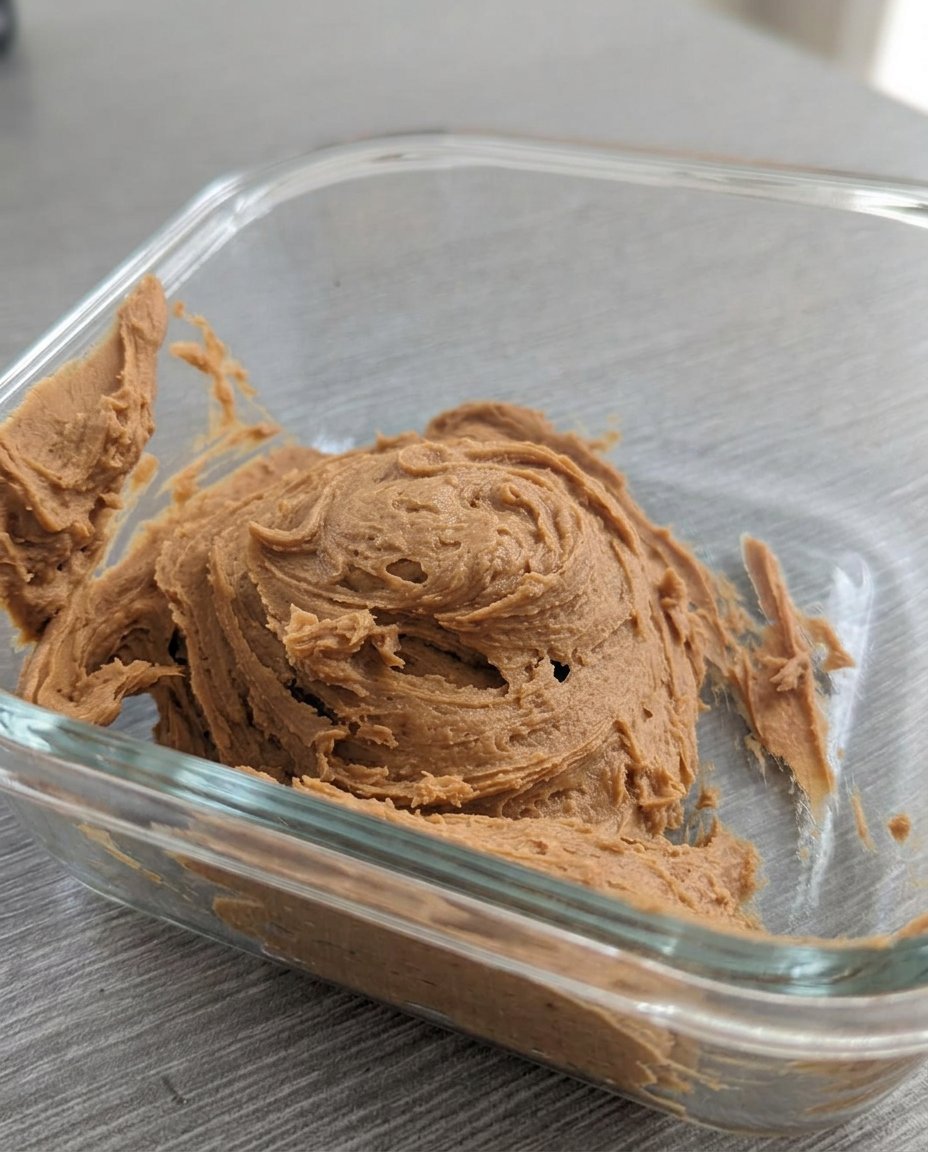 Sugar free peanut butter being processed in a high speed blender with a smooth glossy texture.