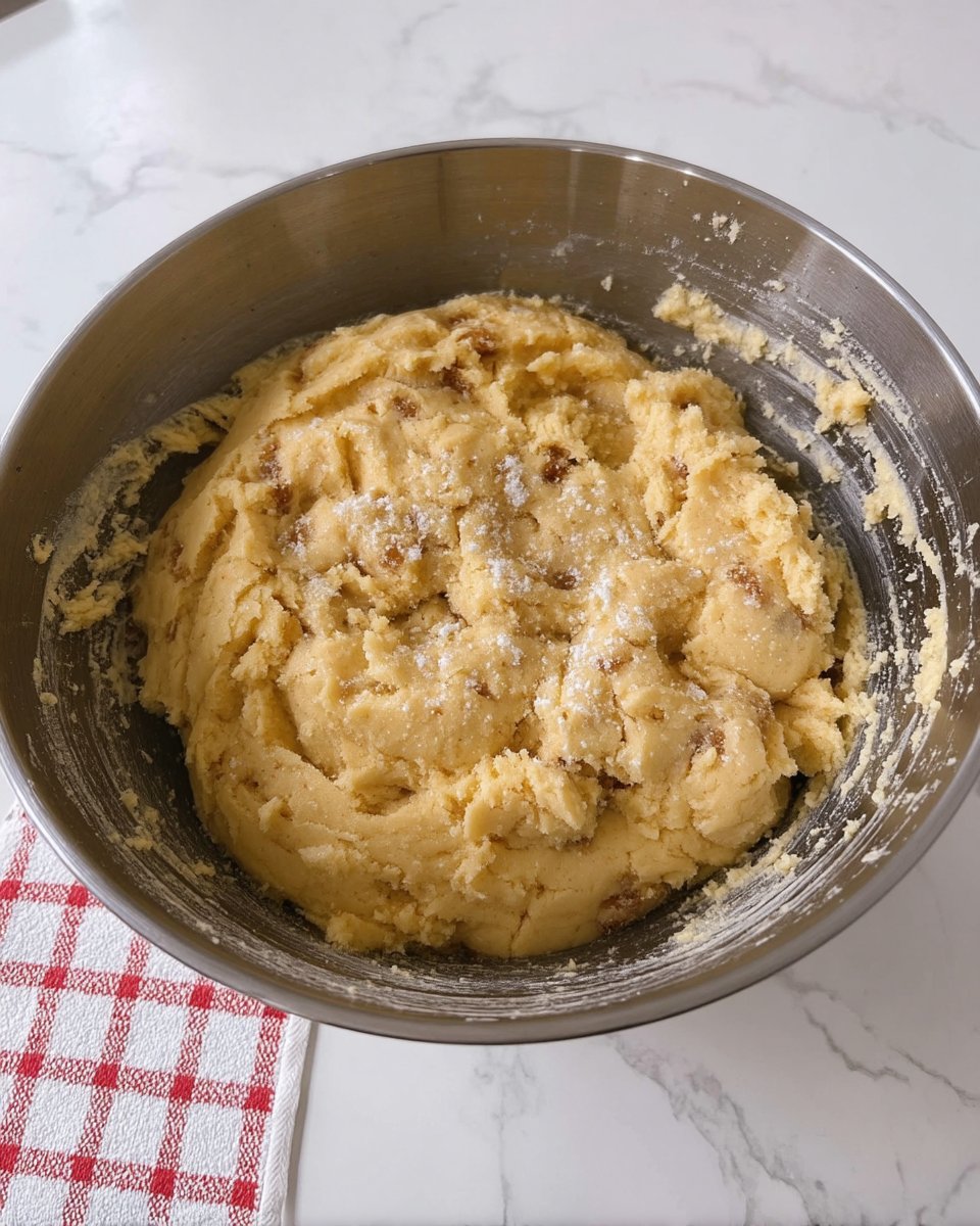 A hand pressing the bottom of a glass into a ball of cookie dough to create jagged edges.