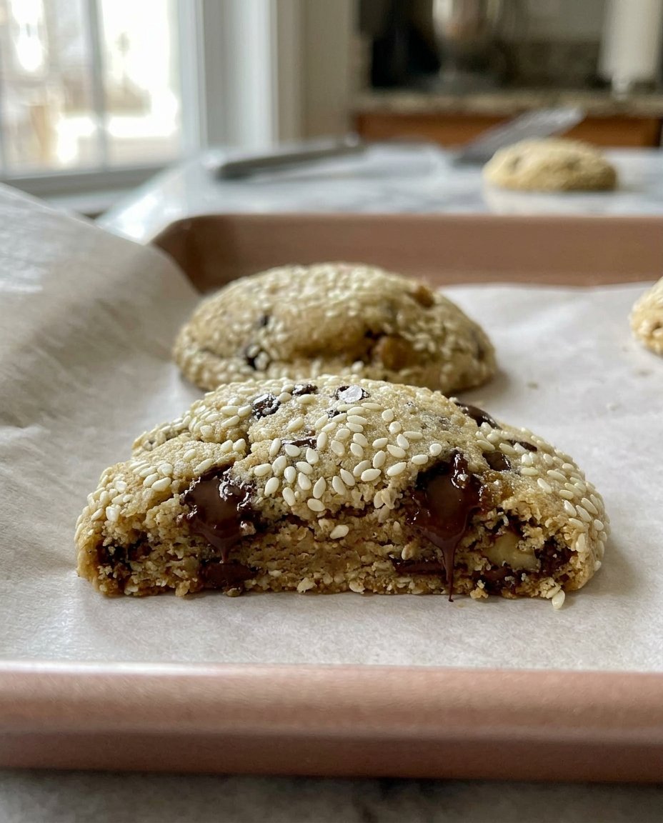 Tahini chocolate chip cookies served on a plate next to a cup of dark coffee.