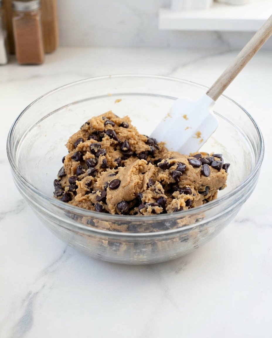 A close up of chocolate cookie dough being scooped with a medium scoop for uniformity.