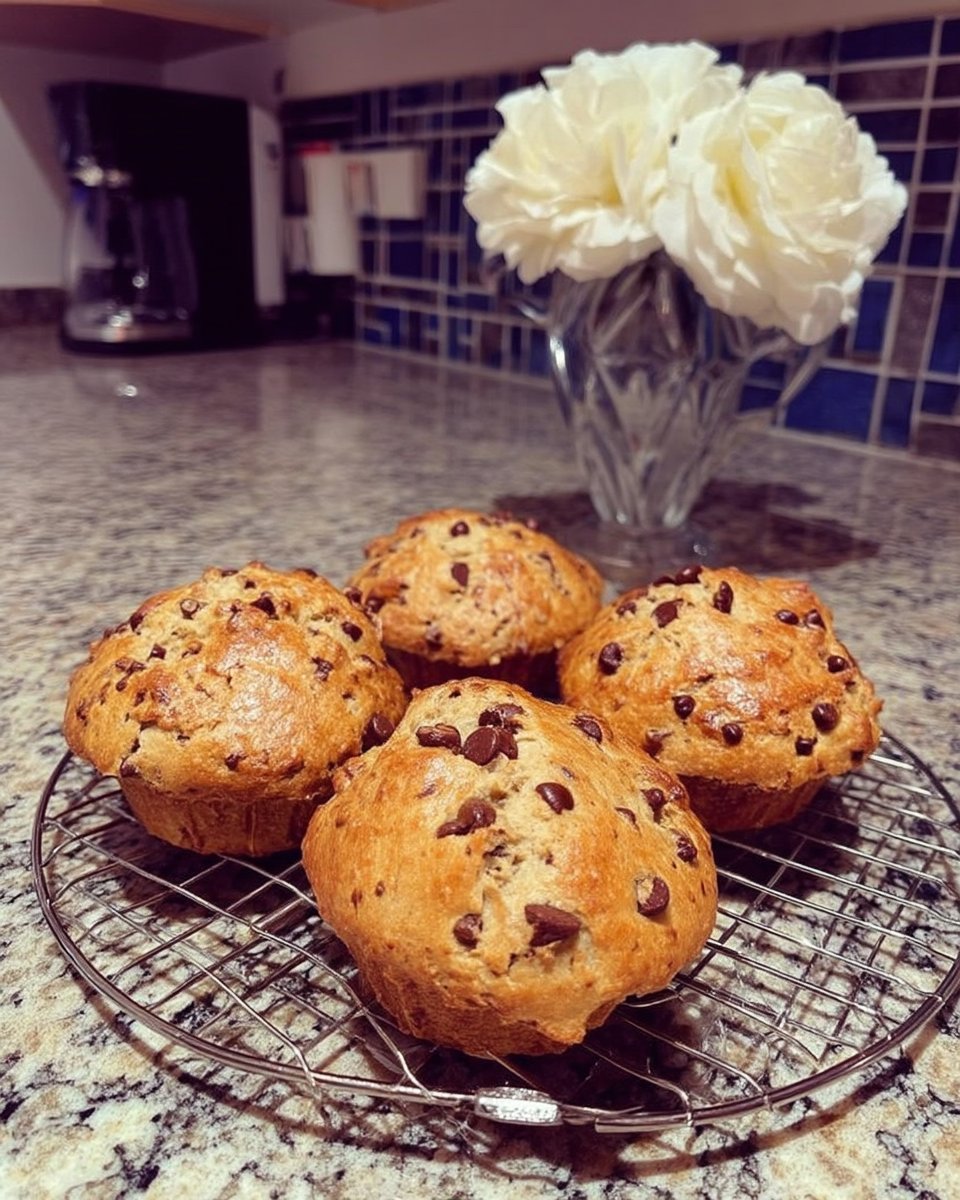 A thick chocolate chip cookie with a golden brown exterior and visible melting chocolate chips.