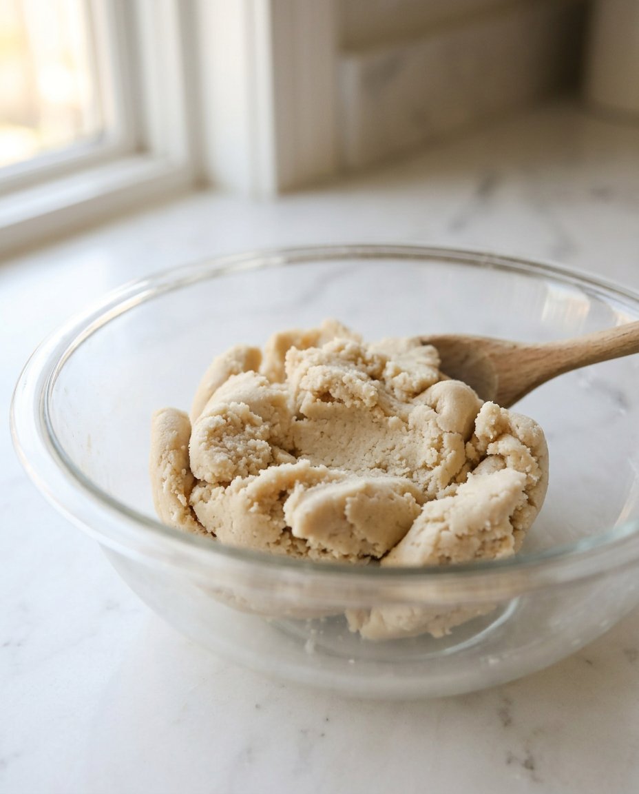 A hand pressing an indentation into a ball of shortbread dough.