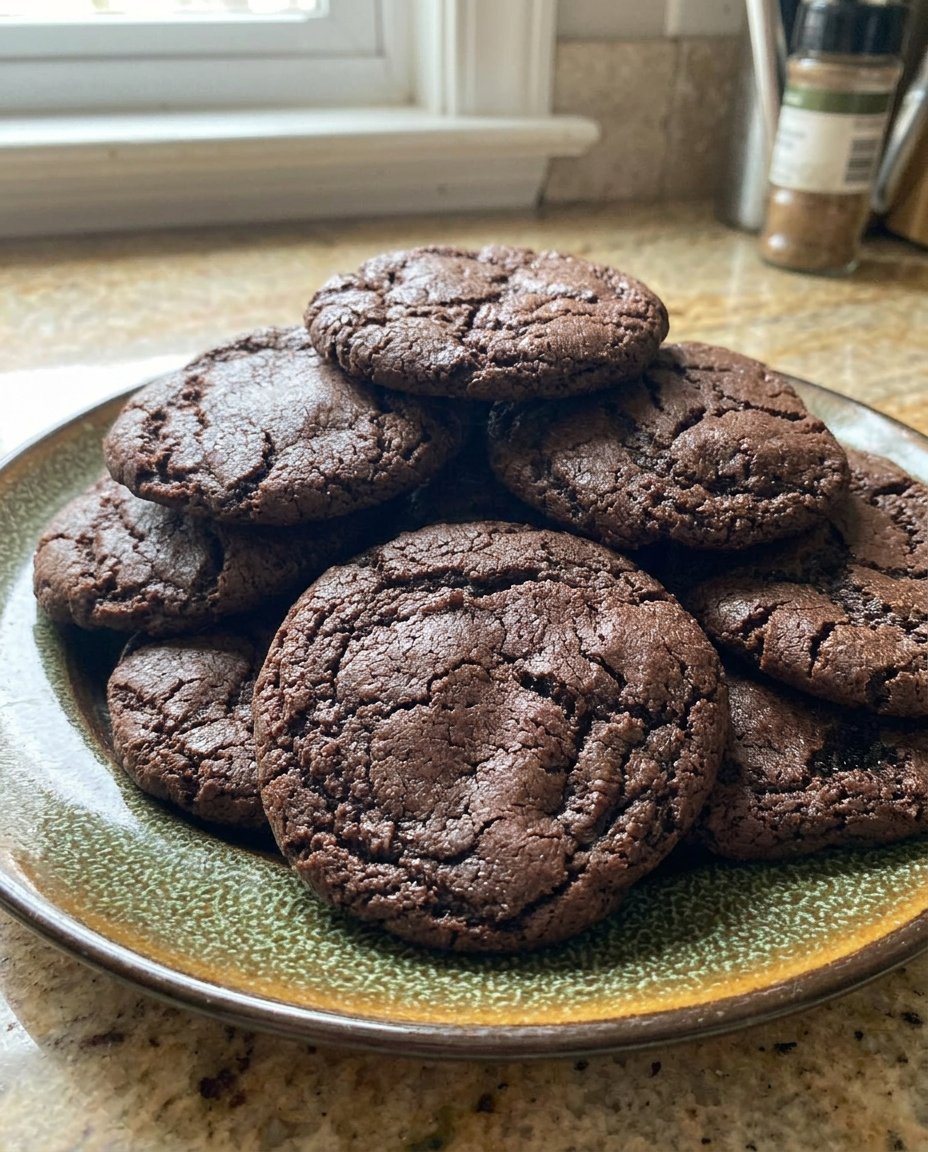Chocolate cookies served on a ceramic plate with a cup of tea.