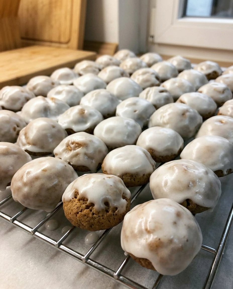 Pfeffernusse cookies served in a porcelain bowl with a cup of tea