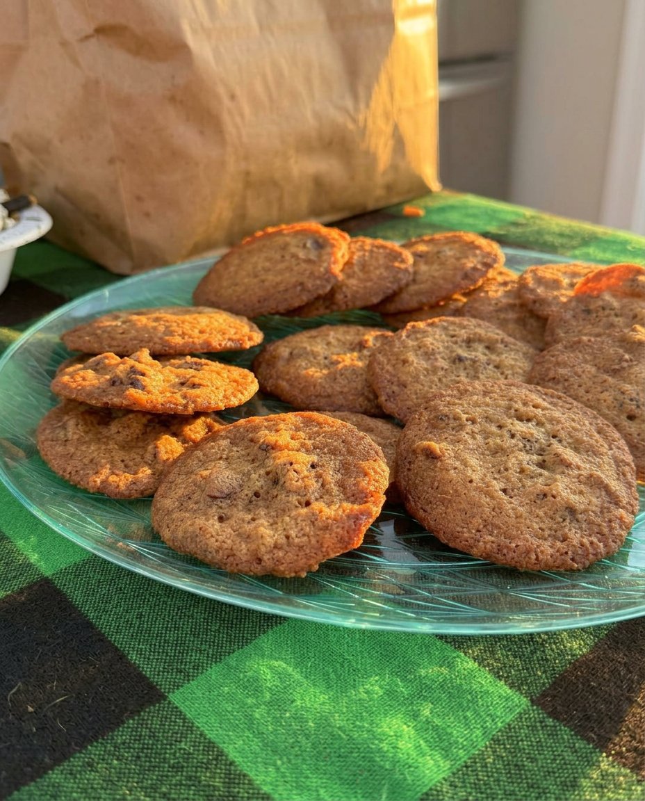 Thin chocolate chip cookies served on a ceramic plate with a glass of milk.