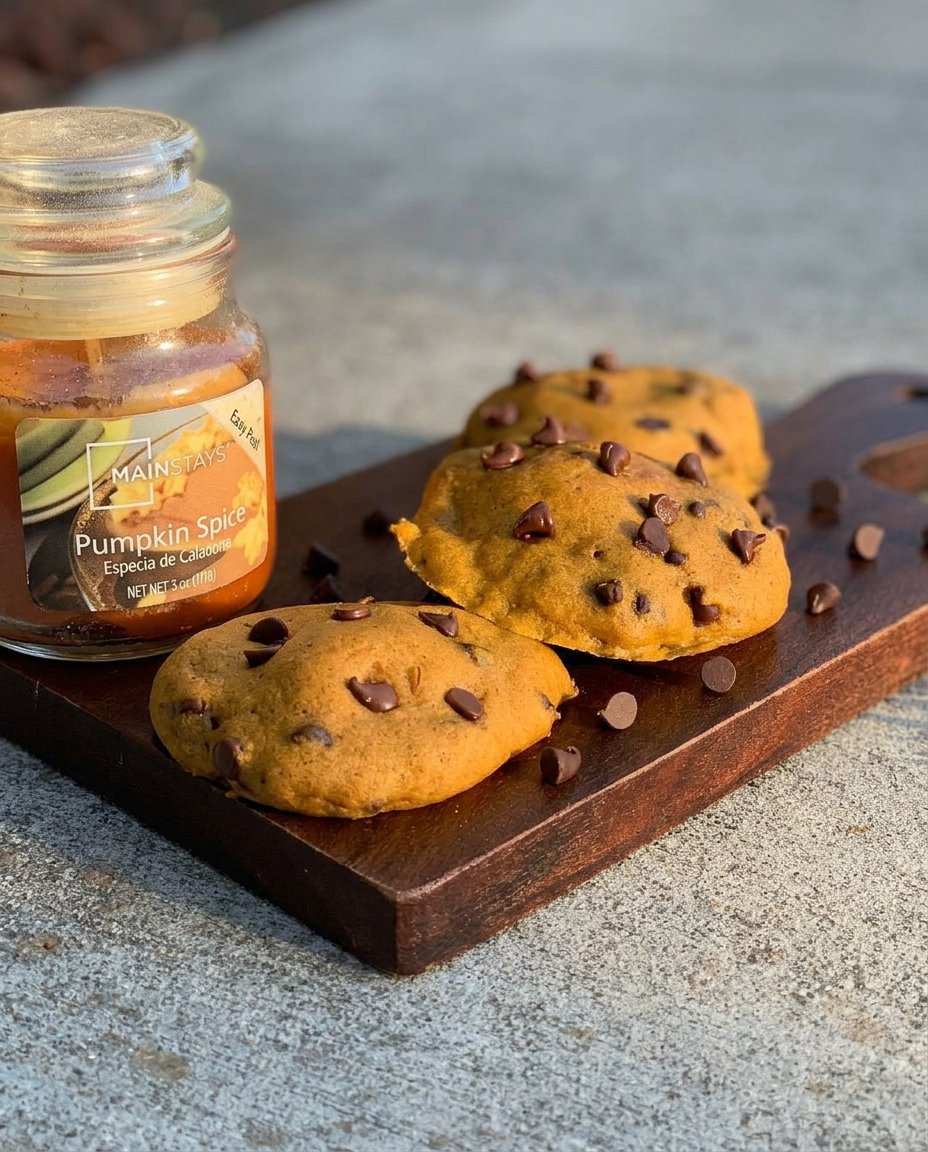 A plate of pumpkin chocolate chip cookies served next to a traditional British tea set.