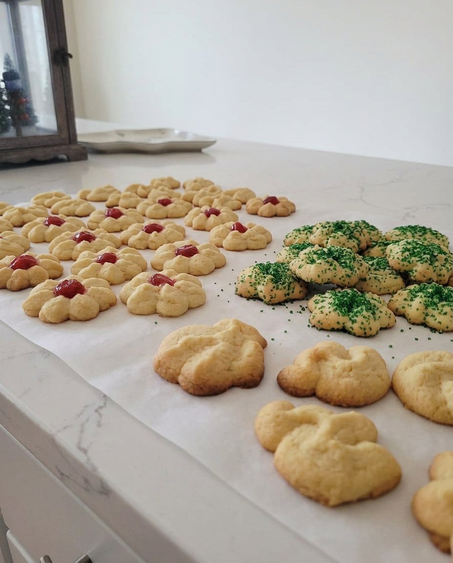 A tiered tray of vanilla spritz cookies served with a traditional tea set.