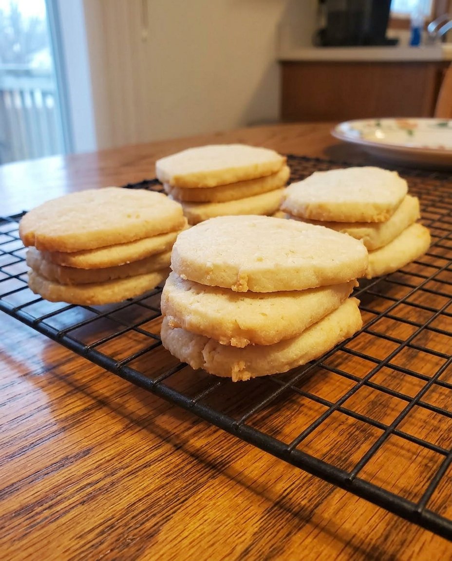A plate of crisp almond icebox cookies served with a cup of tea