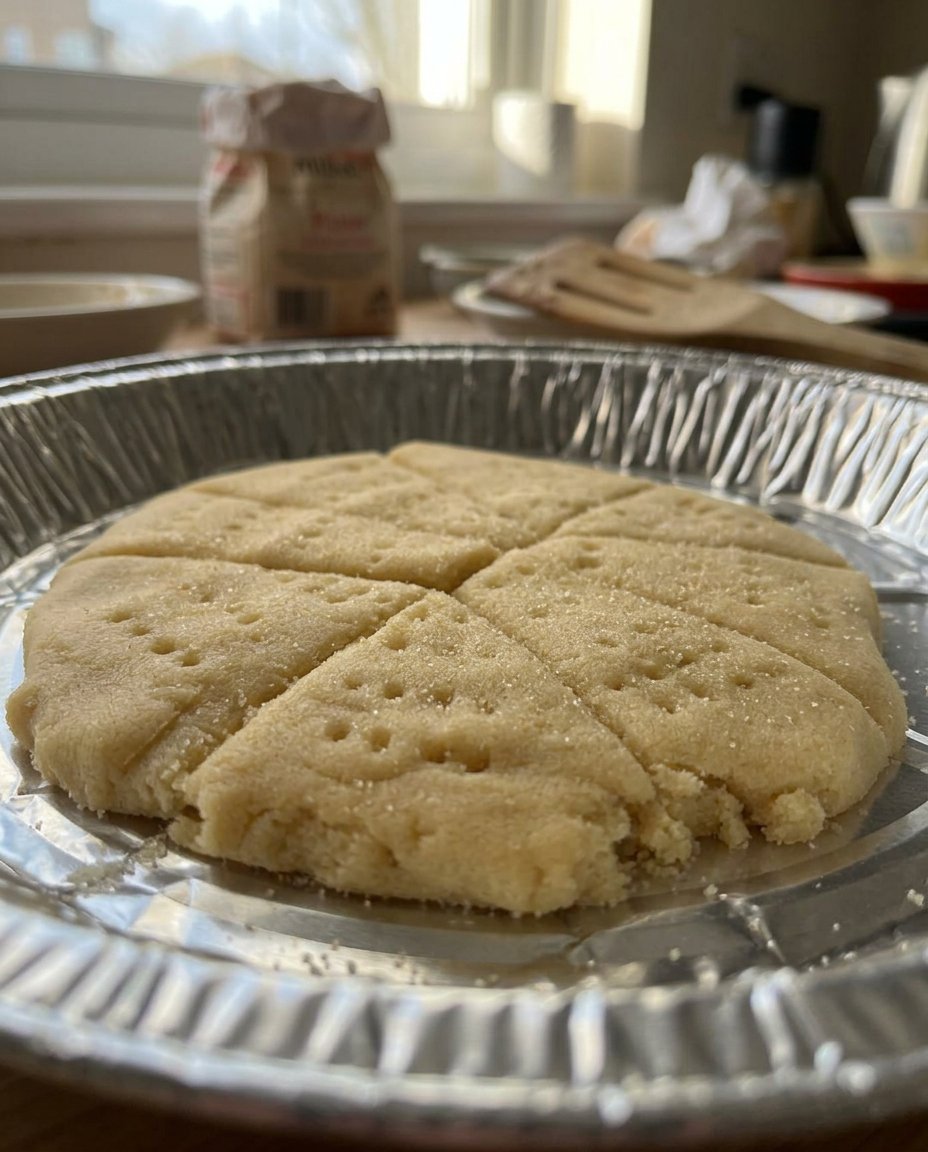 Close up of vegan shortbread texture showing crumbly edges