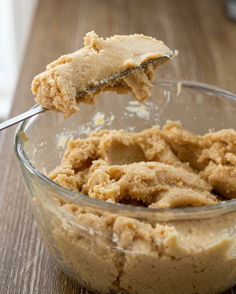 A stainless steel blender container with fresh peanut butter being scraped down by a spatula.