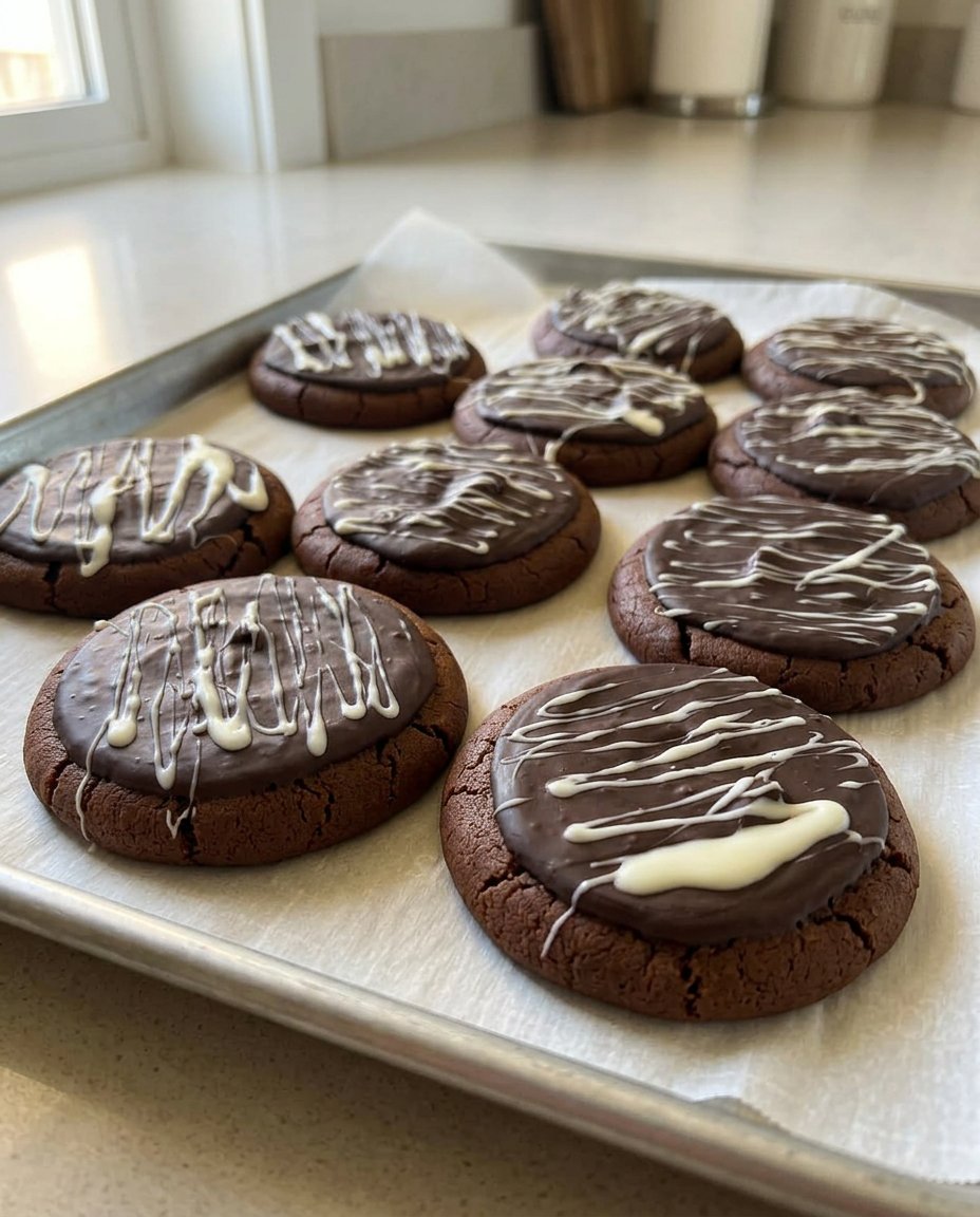 Freshly baked large chocolate chip cookies cooling on a wire rack with melting chocolate chips