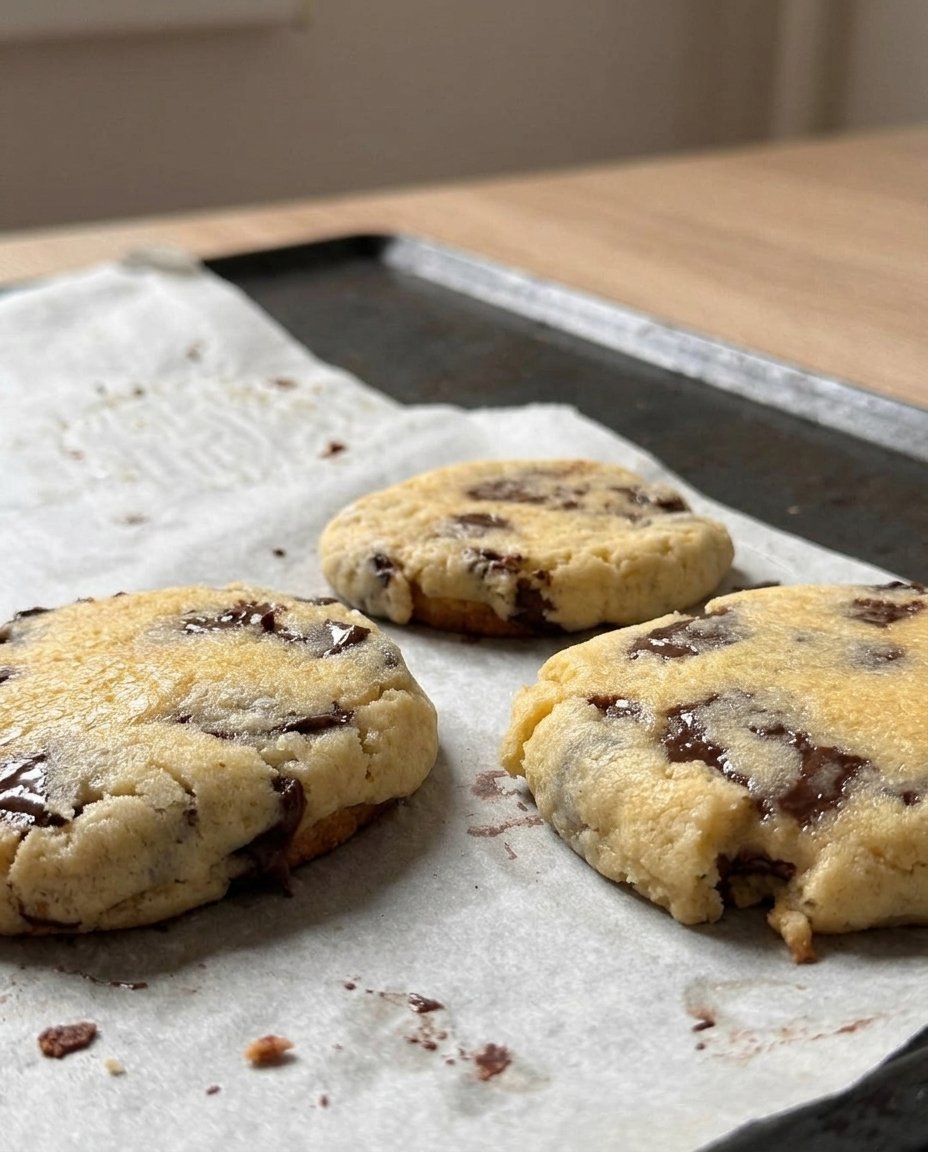 A hand using a zip-top bag to drizzle warm peanut butter in a circular pattern over a tray of cookies.