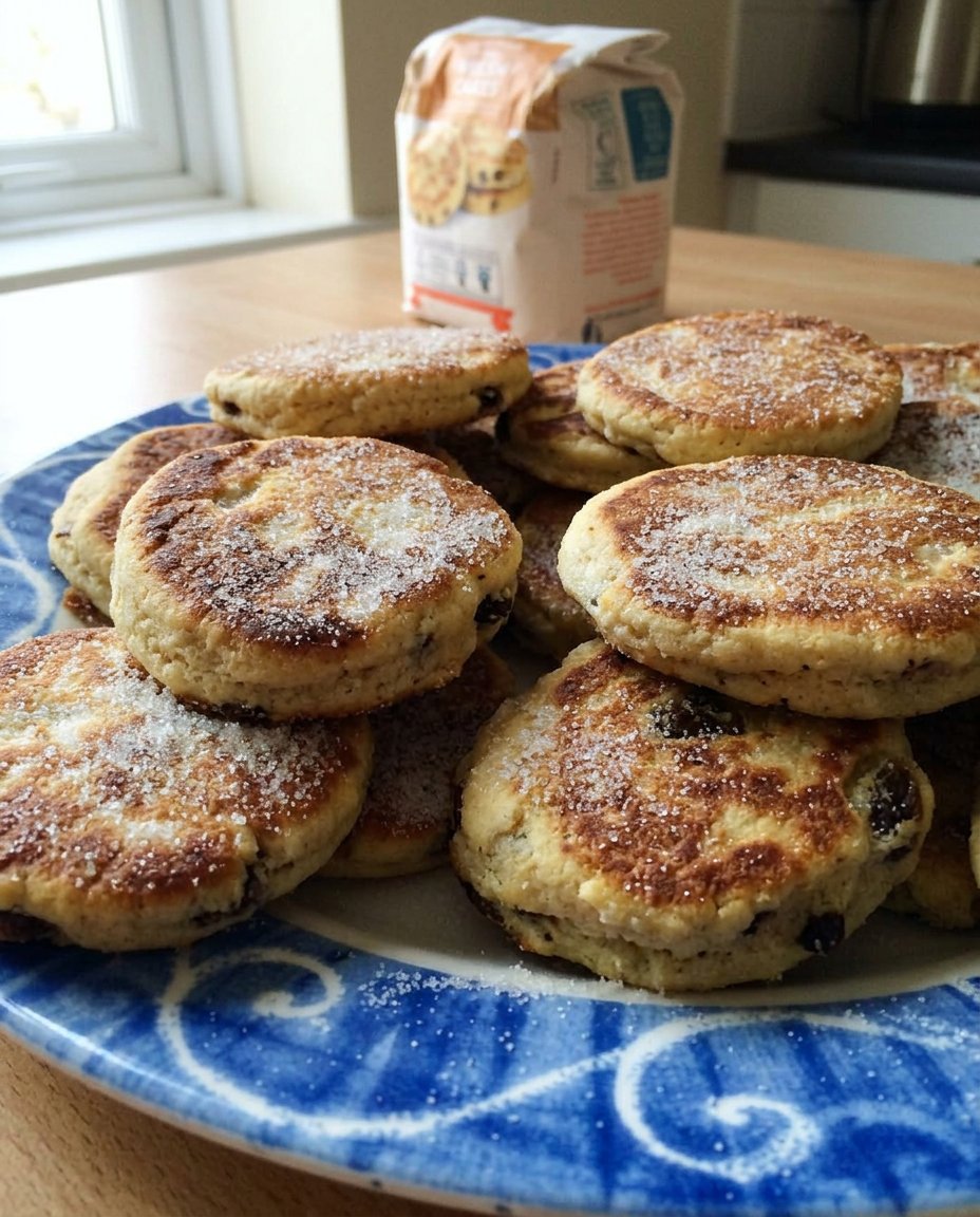 A stack of golden brown Welsh cakes on a stone surface
