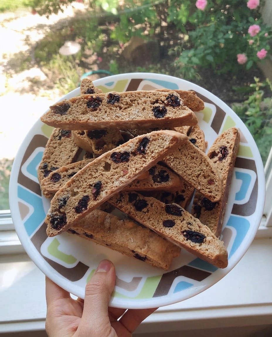 Biscotti slices on a baking sheet during the second bake.