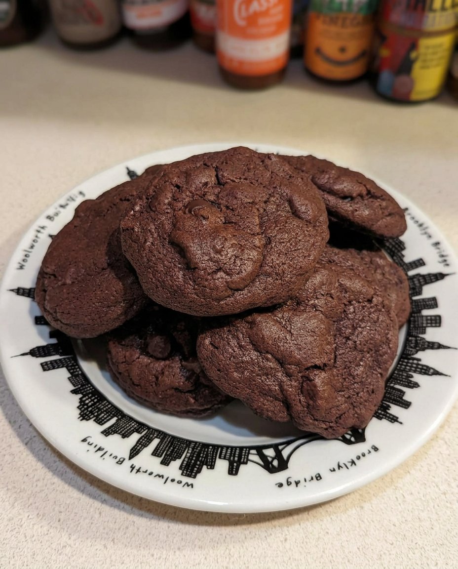 A brownie mix cookie broken in half next to a glass of cold milk