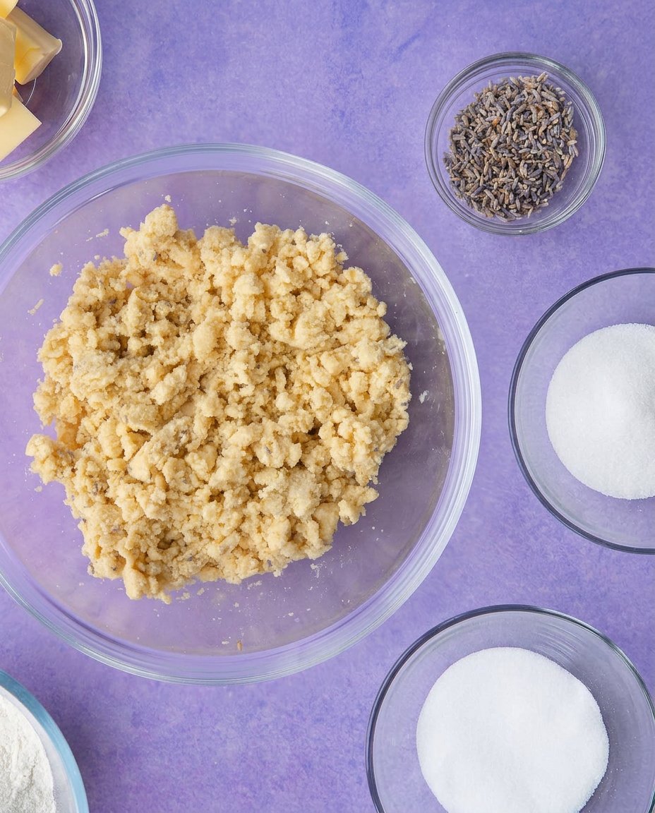Slicing chilled lavender shortbread dough into uniform pieces