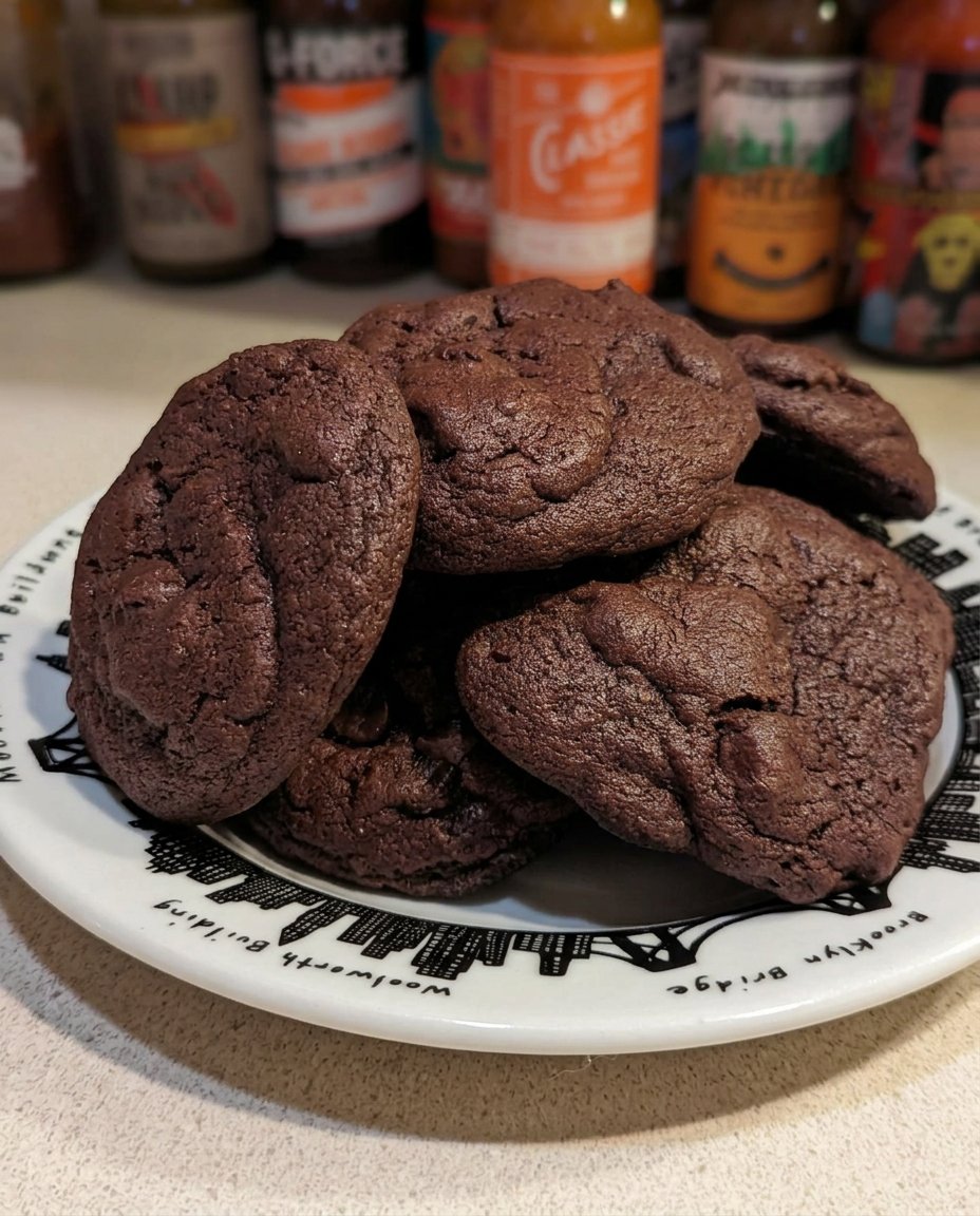 Fudgy brownie mix cookies stacked to show chewy texture and chocolate chips